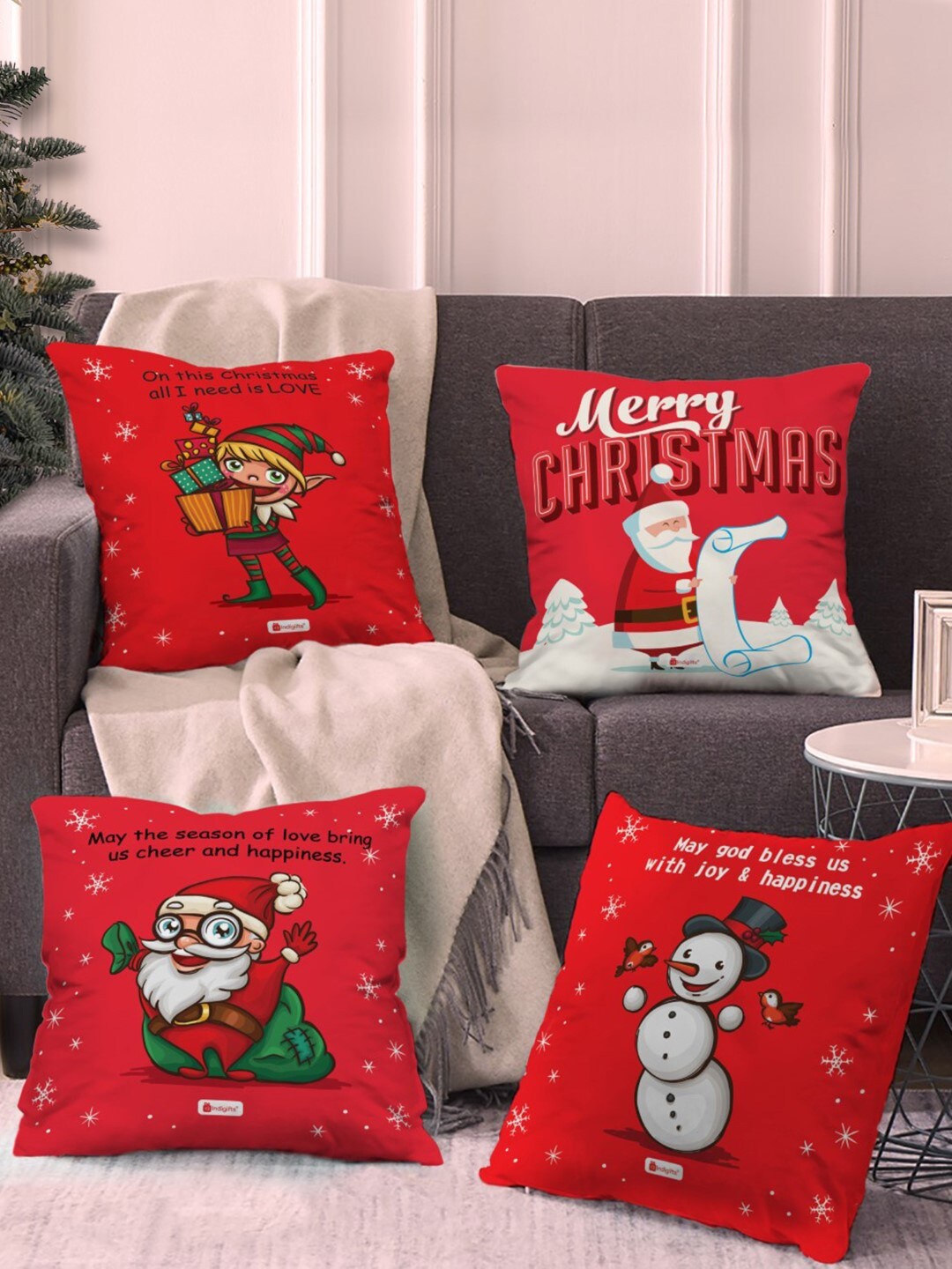 

Indigifts Set Of 4 Red & White Christmas Characters Printed Pre-Filled Cushions