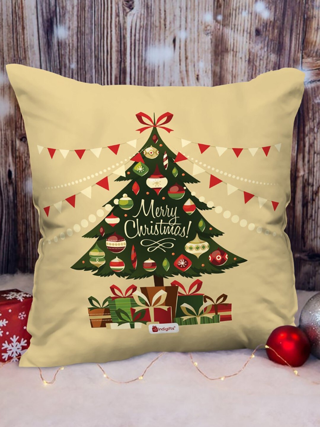 

Indigifts Beige & Green Christmas Tree Printed Pre-Filled Cushion