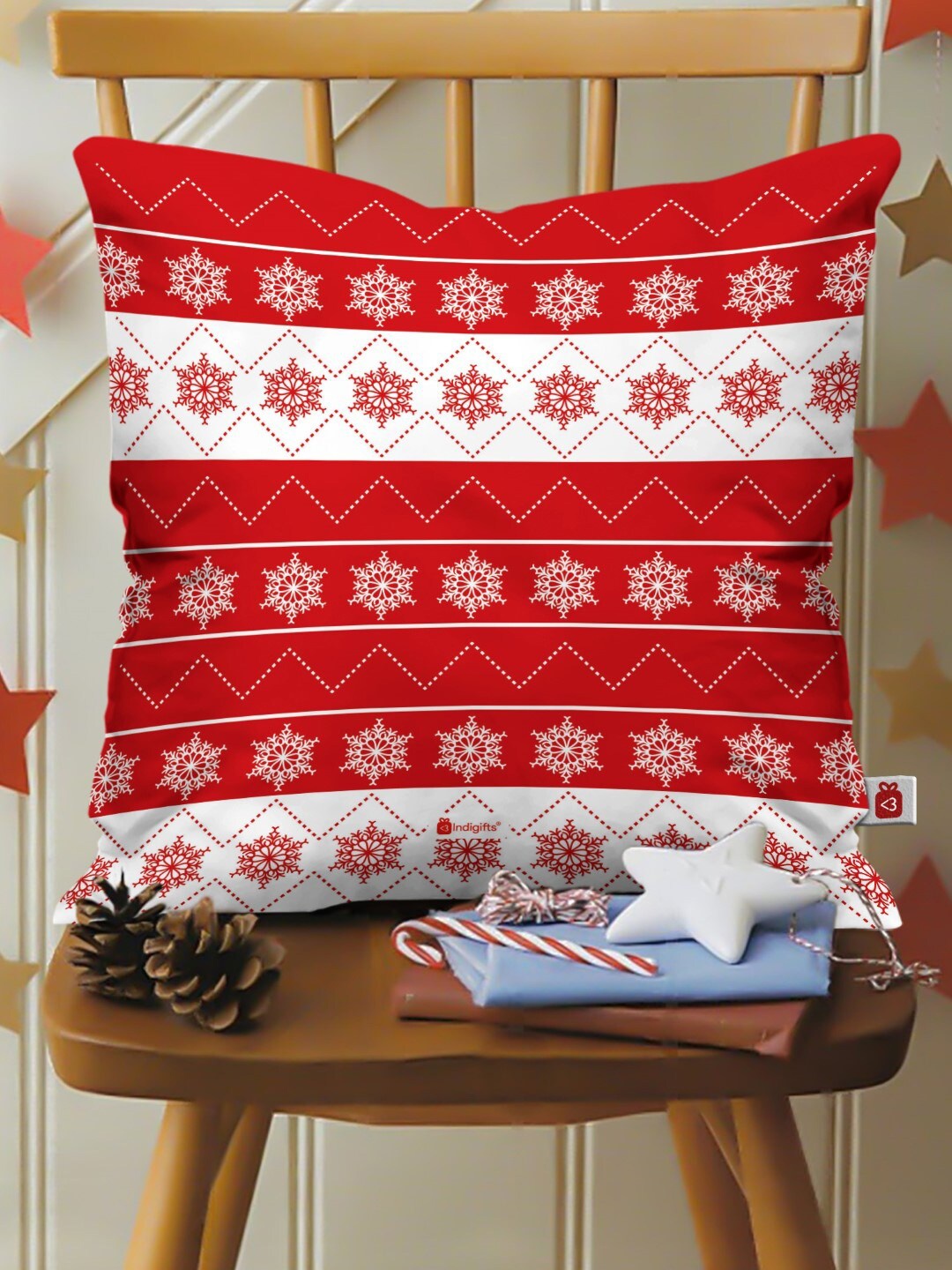 

Indigifts White & Red Geometric Printed Pre-Filled Cushion