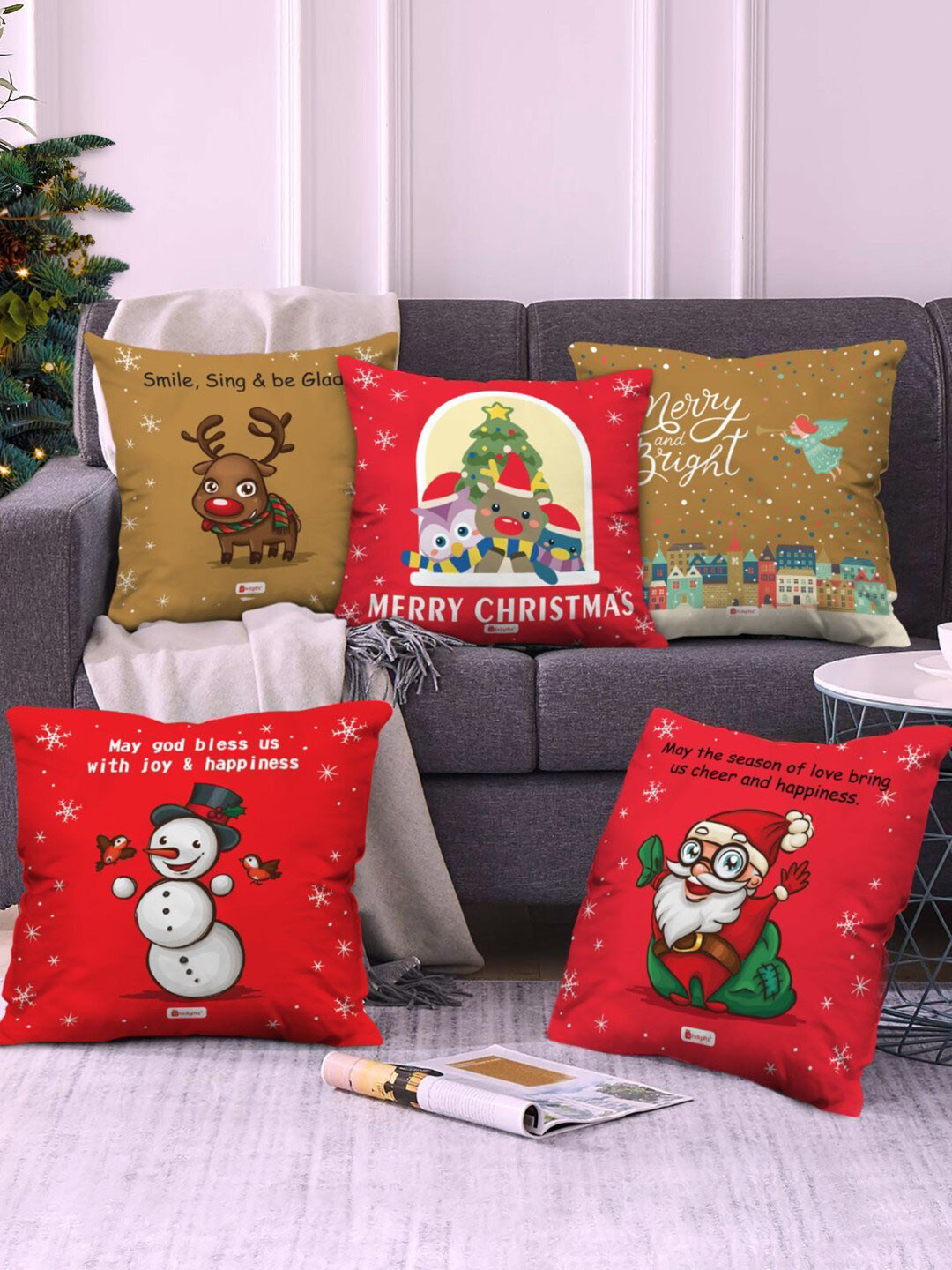 

Indigifts Set Of 5 Red & Brown Graphic Printed Pre-Filled Cushions