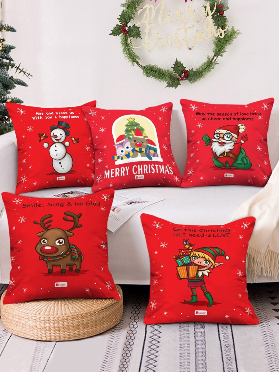 

Indigifts Set Of 5 Red & Brown Merry Christmas Themed Pre-Filled Cushions
