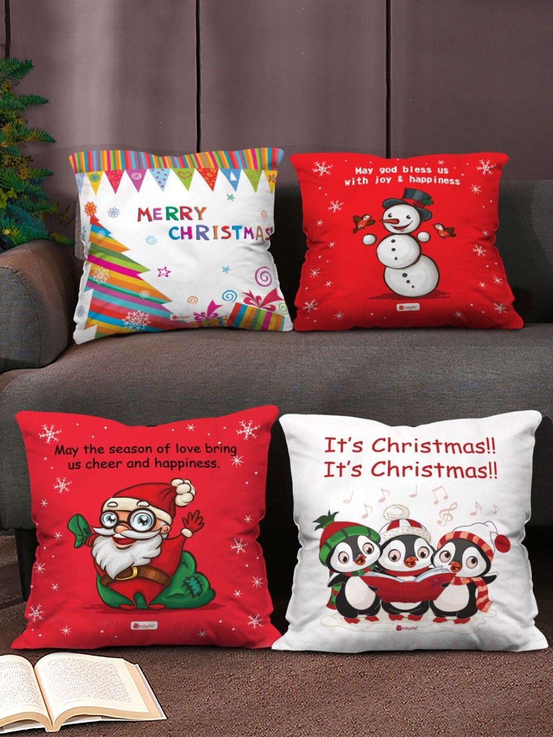 

Indigifts Set Of 4 White & Red Graphic Printed Pre-Filled Cushions