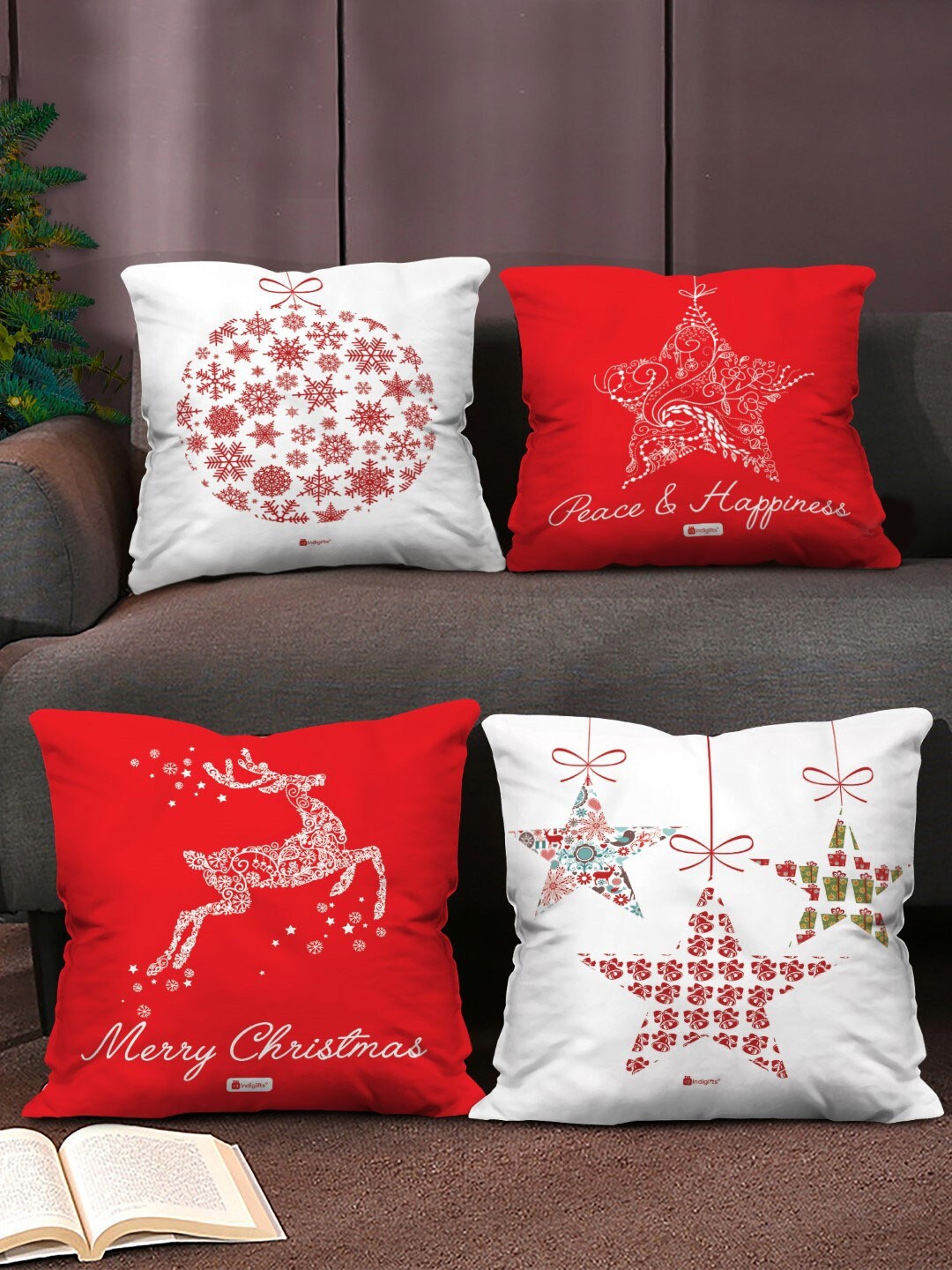 

Indigifts Set Of 4 Red & White Conversational Printed Pre-Filled Cushions