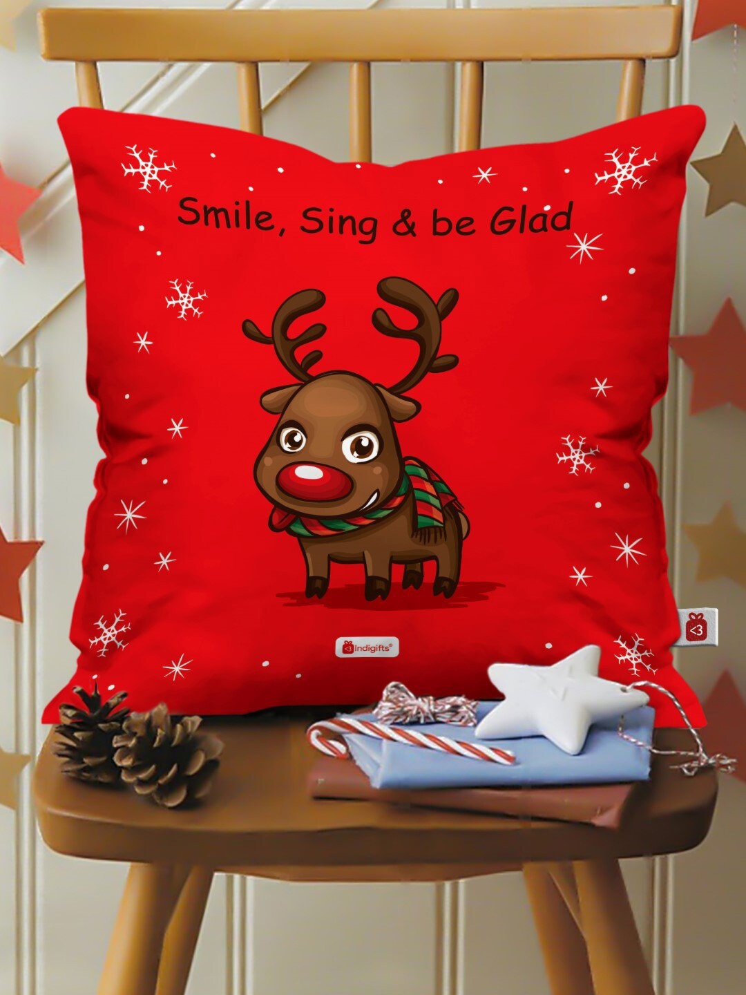 

Indigifts Red & Brown Reindeer Printed Pre-Filled Cushion