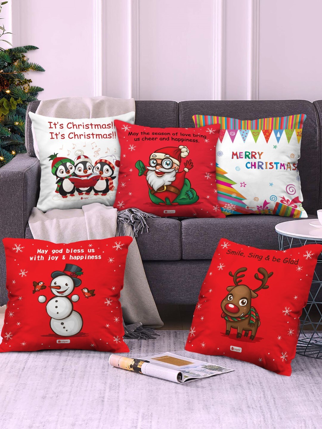 

Indigifts Set Of 5 Red & White Graphic Printed Cushions
