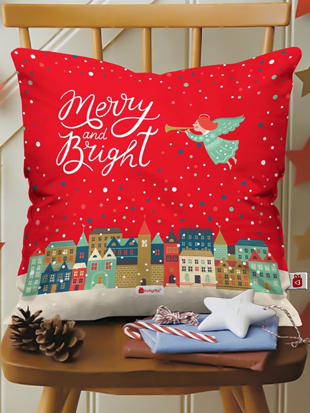 

Indigifts Red & White Bright and Merry Printed Red Pre-Filled Cushion