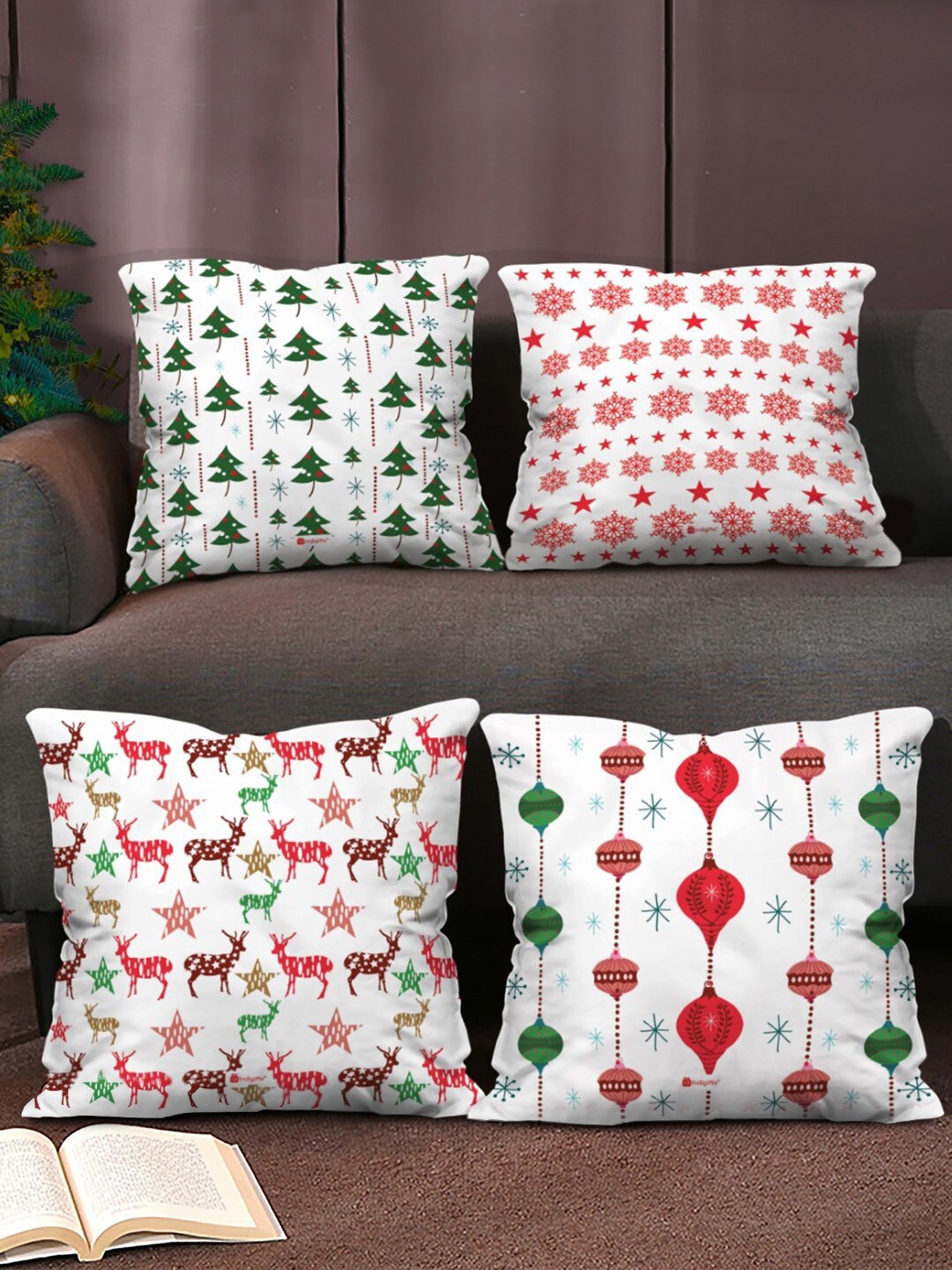 

Indigifts Xmas Themed Set of 4 Cushion Covers, White