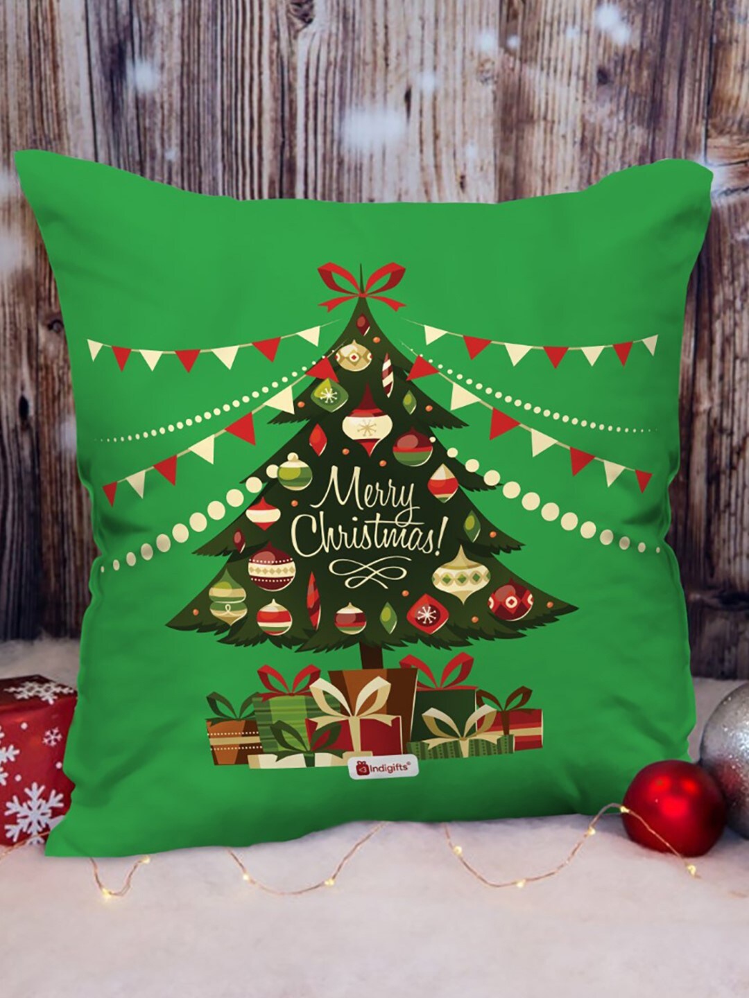 

Indigifts Xmas Tree Printed Square Cushion with Filler, Green