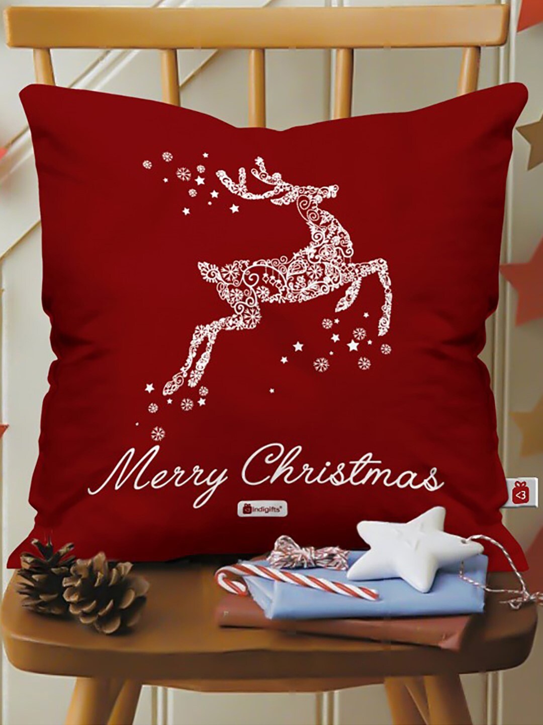 

Indigifts Maroon Reindeer Printed Pre-Filled Square Cushion, Red