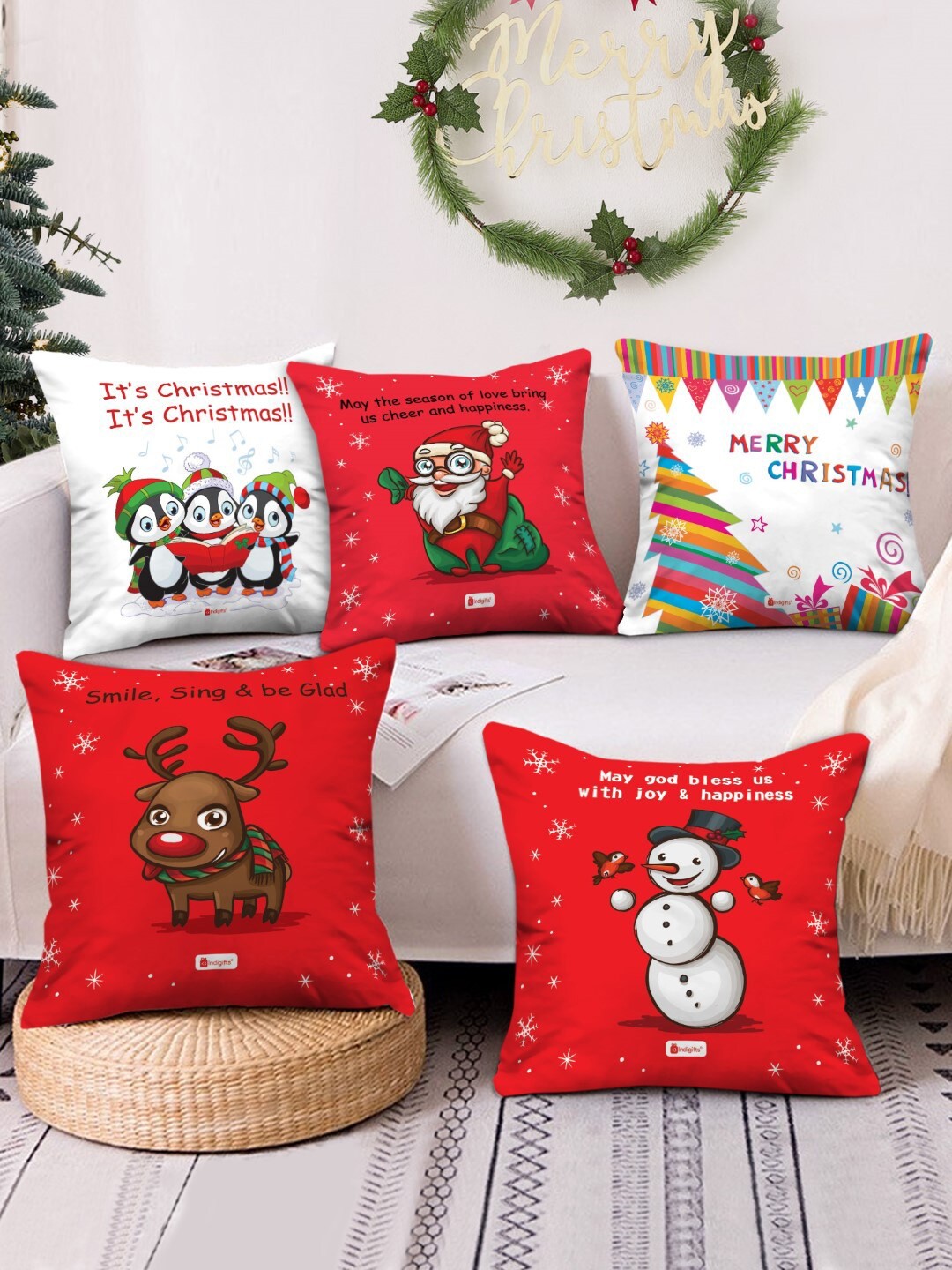 

Indigifts Set Of 5 Red & White Graphic Printed Cushion Covers