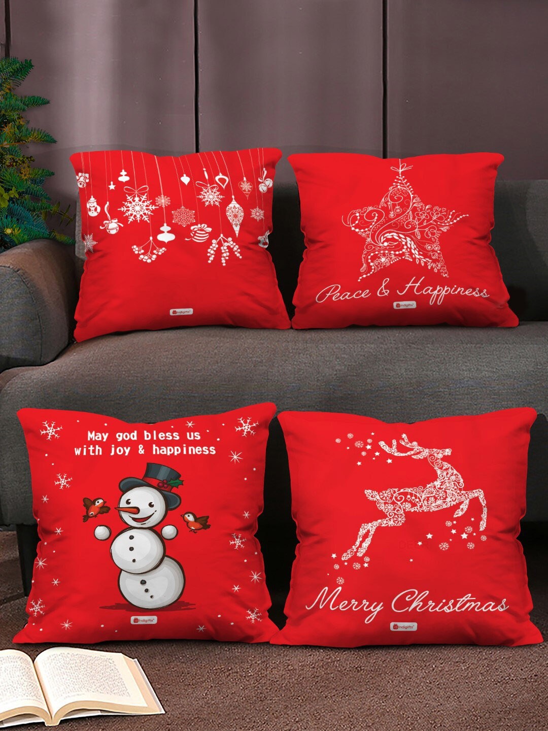 

Indigifts Set Of 4 Red & White Conversational Printed Pre-Filled Cushion Covers