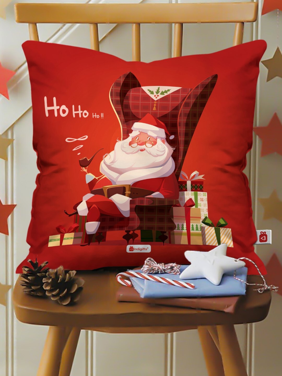 

Indigifts Ho Ho Ho Santa Clause Printed Pre-Filled Cushion, Red