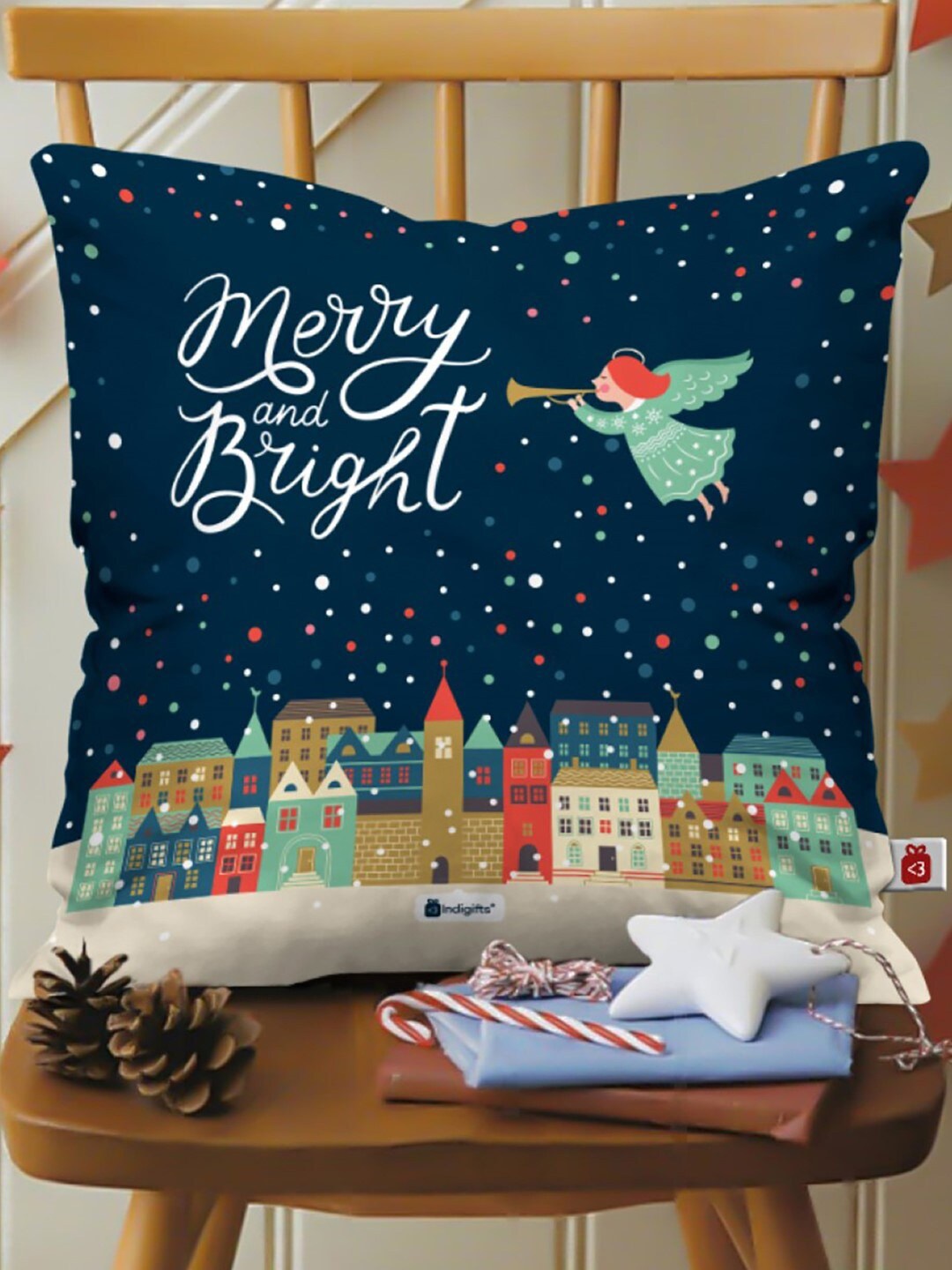 

Indigifts Merry and Bright Cushion with Filler, Navy blue