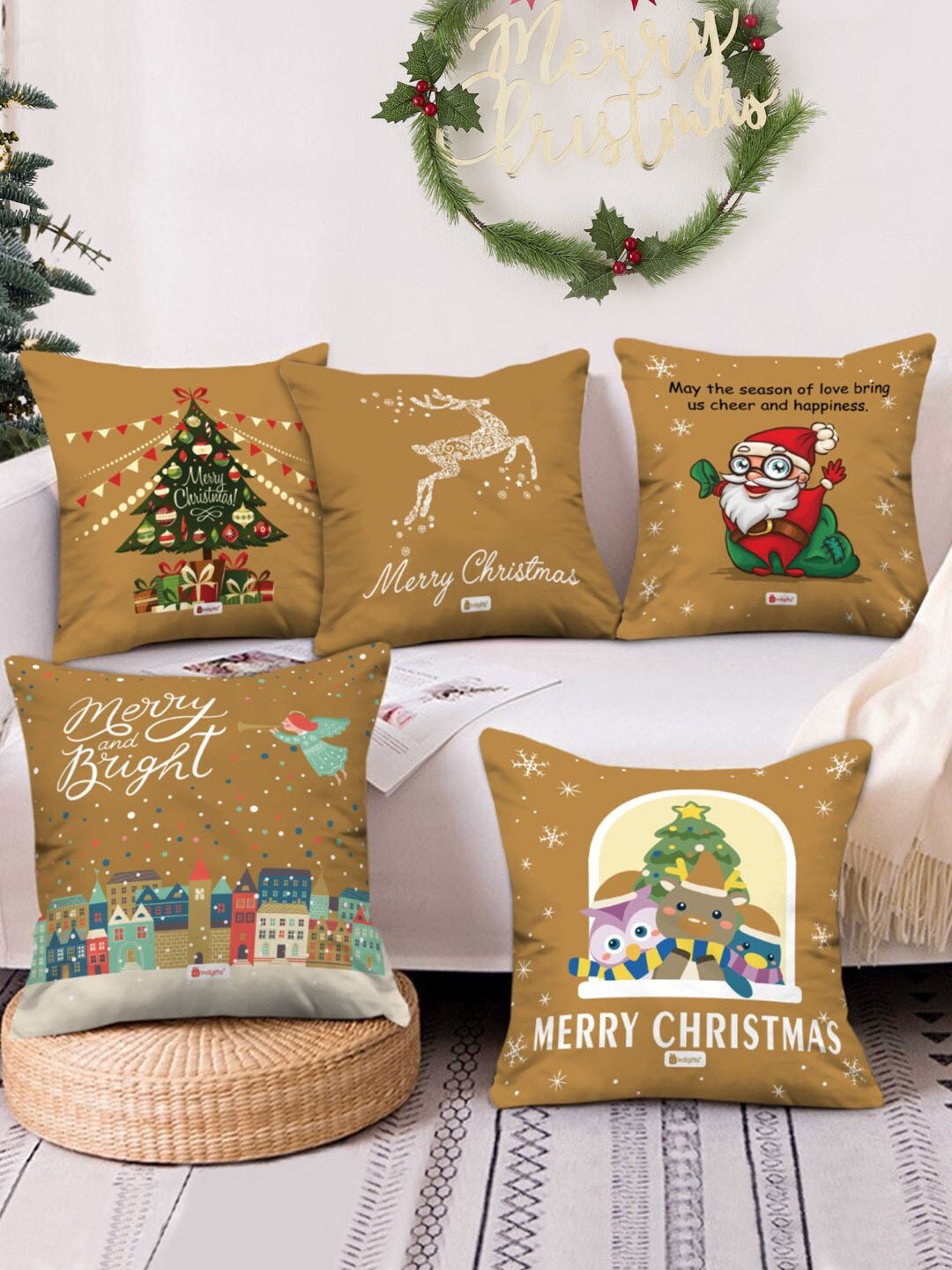 

Indigifts Set Of 5 Brown Merry Christmas Theme Printed Pre-Filled Cushions