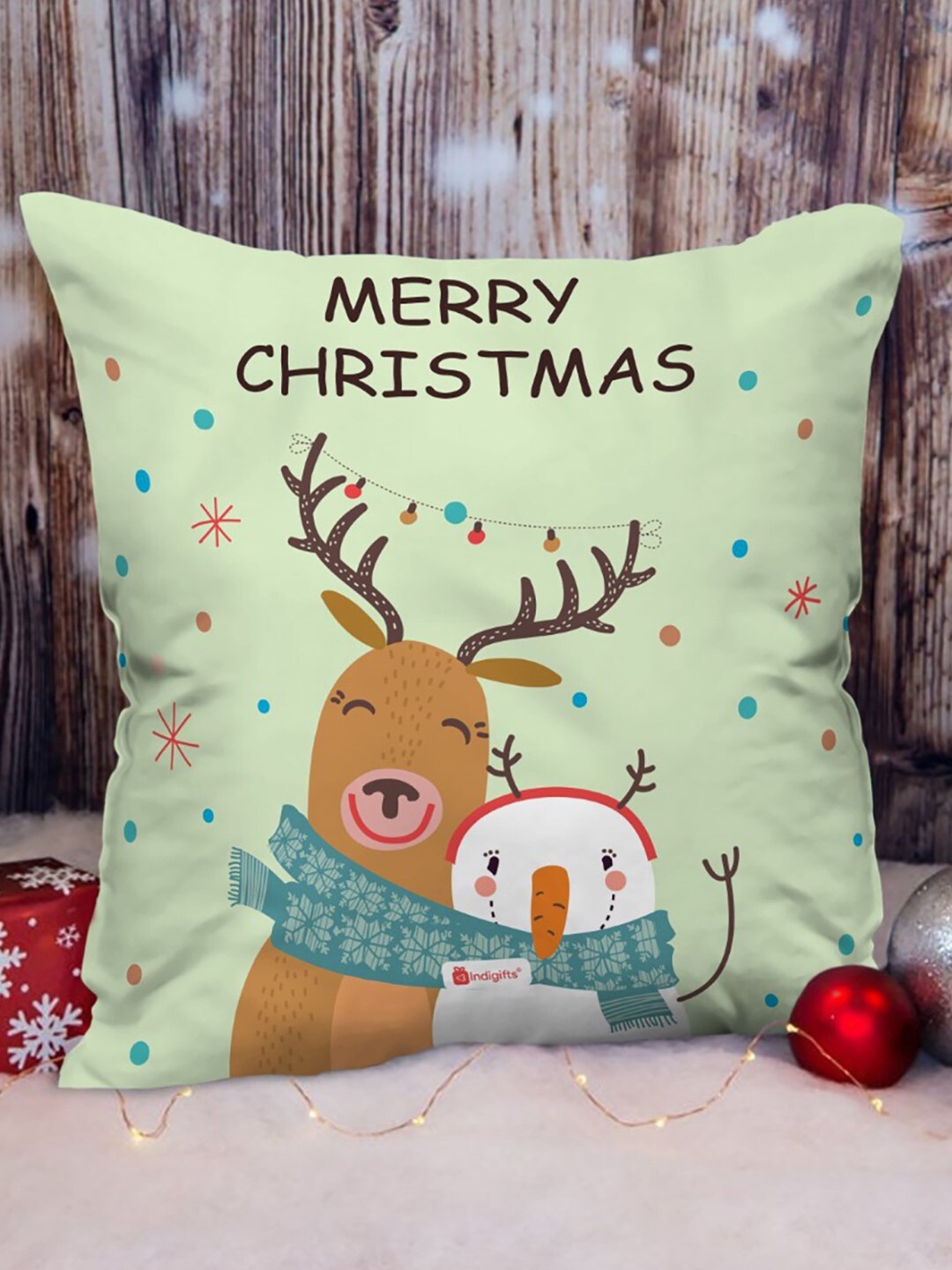 

Indigifts Green Printed Christmas Hug Cushion Cover with Filler