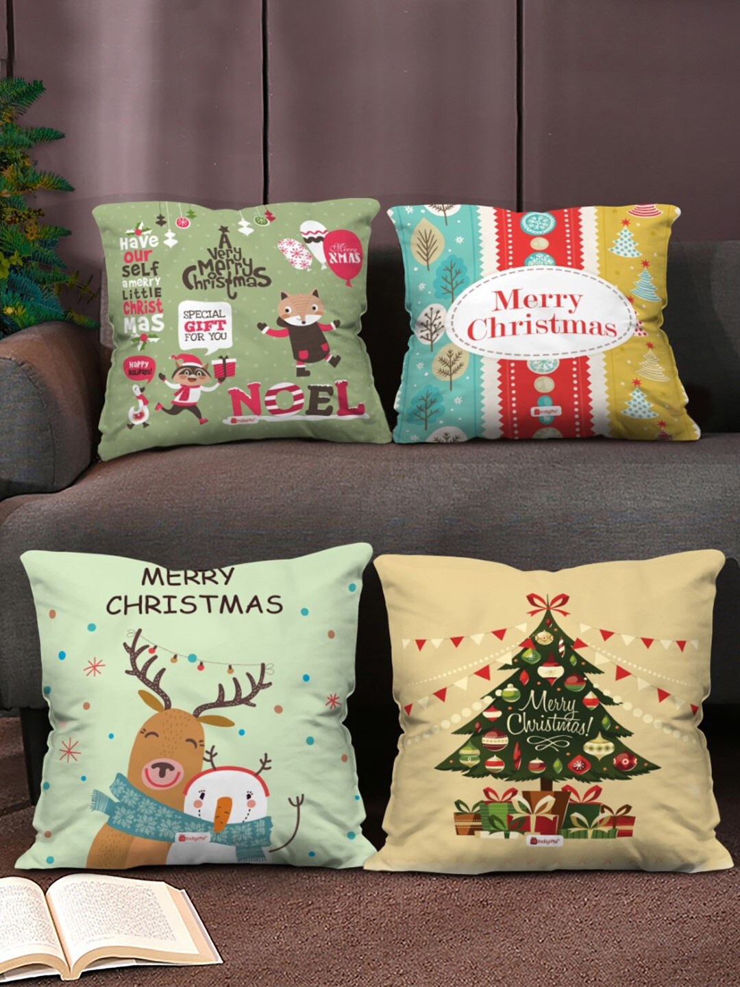 

Indigifts Set Of 4 Merry Christmas Printed Pre-Filled Cushions, Green