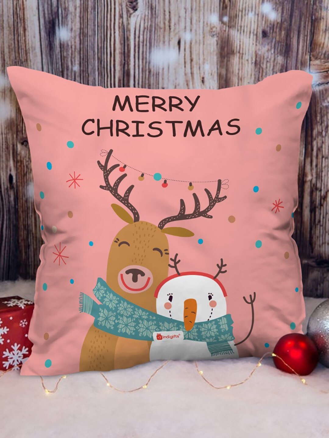 

Indigifts Pink Printed Christmas Hug Cushion Cover with Filler