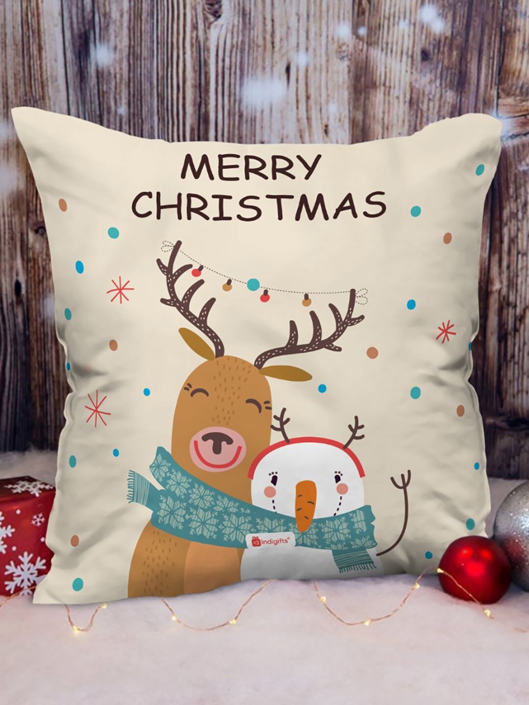 

Indigifts Merry Christmas Printed Light Green Cushion with Filler, White