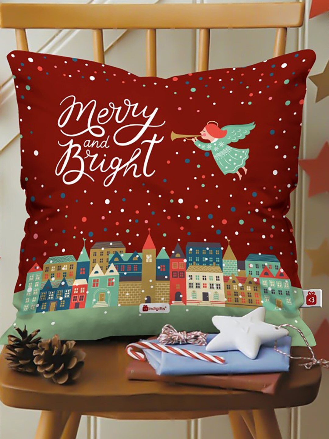 

Indigifts Maroon Printed Merry and Bright Cushion Cover with Filler