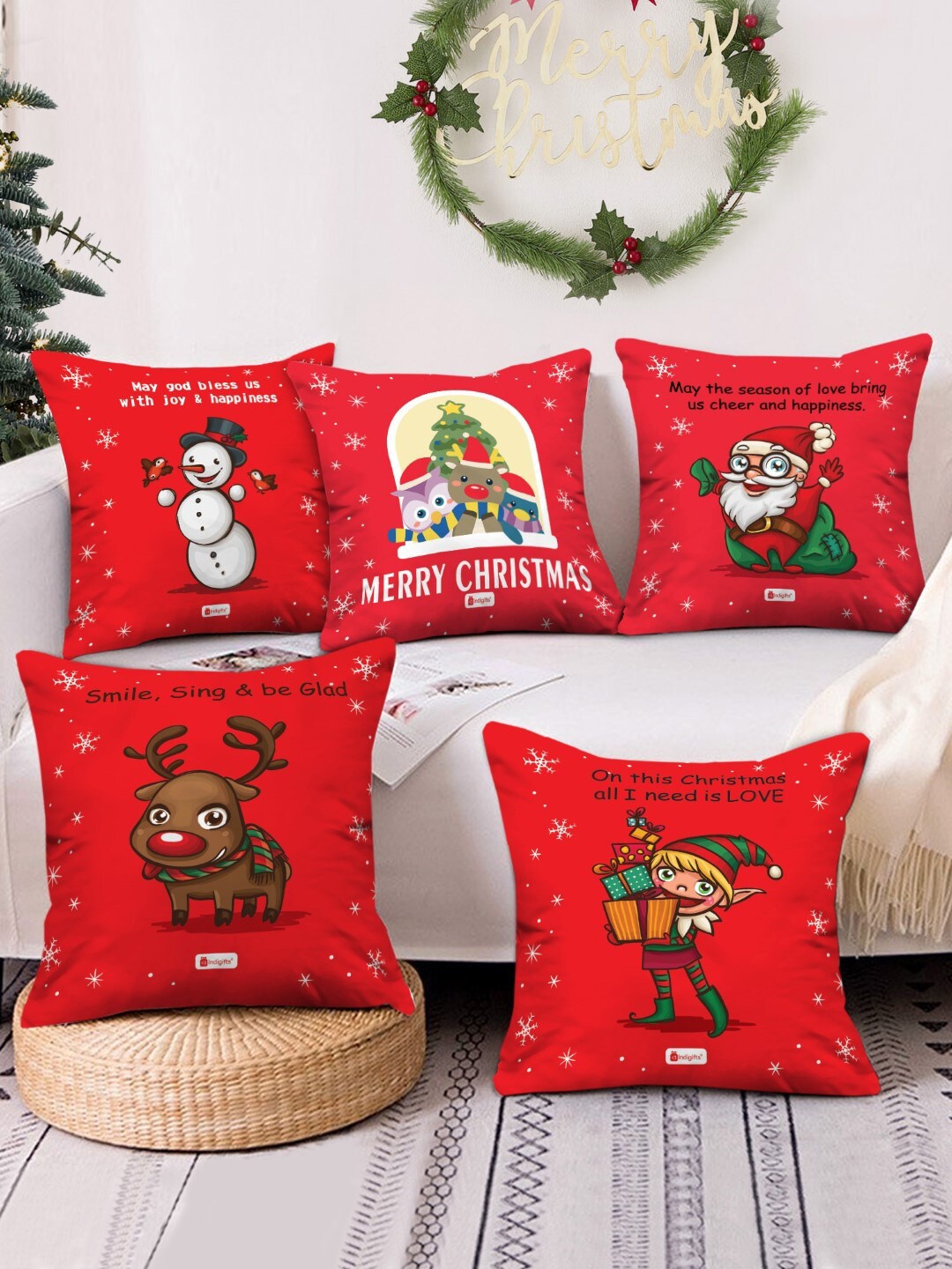 

Indigifts Red Printed Merry Christmas Characters Cushion Cover with Filler