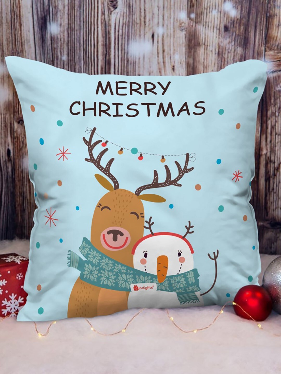 

Indigifts Light Blue Printed Christmas Hug Cushion Cover with Filler