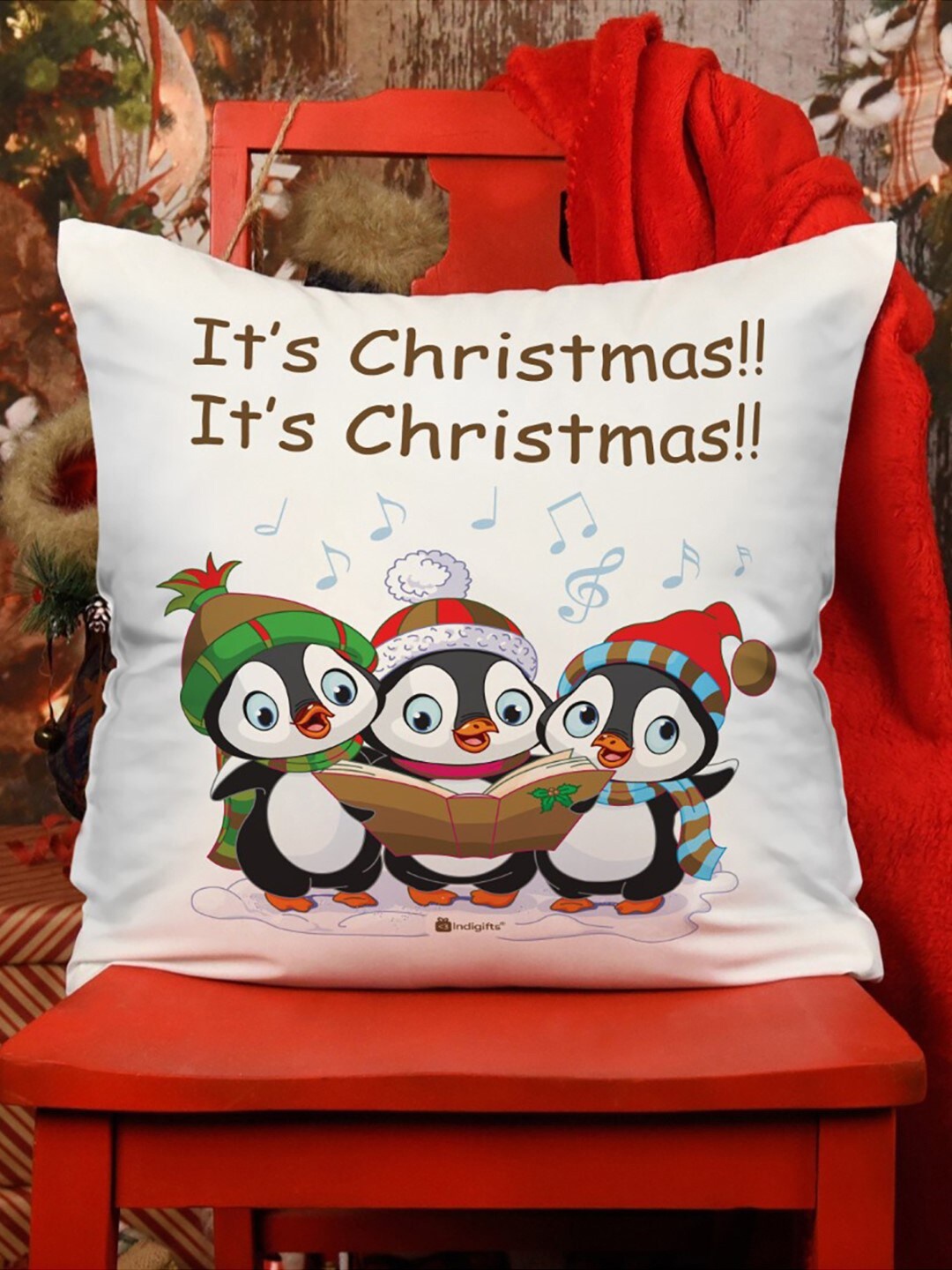 

Indigifts White Printed Christmas Square Cushion