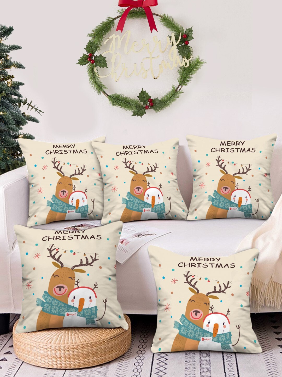 

Indigifts Set of 5 Reindeer Printed Christmas Themed Cushion Covers, White