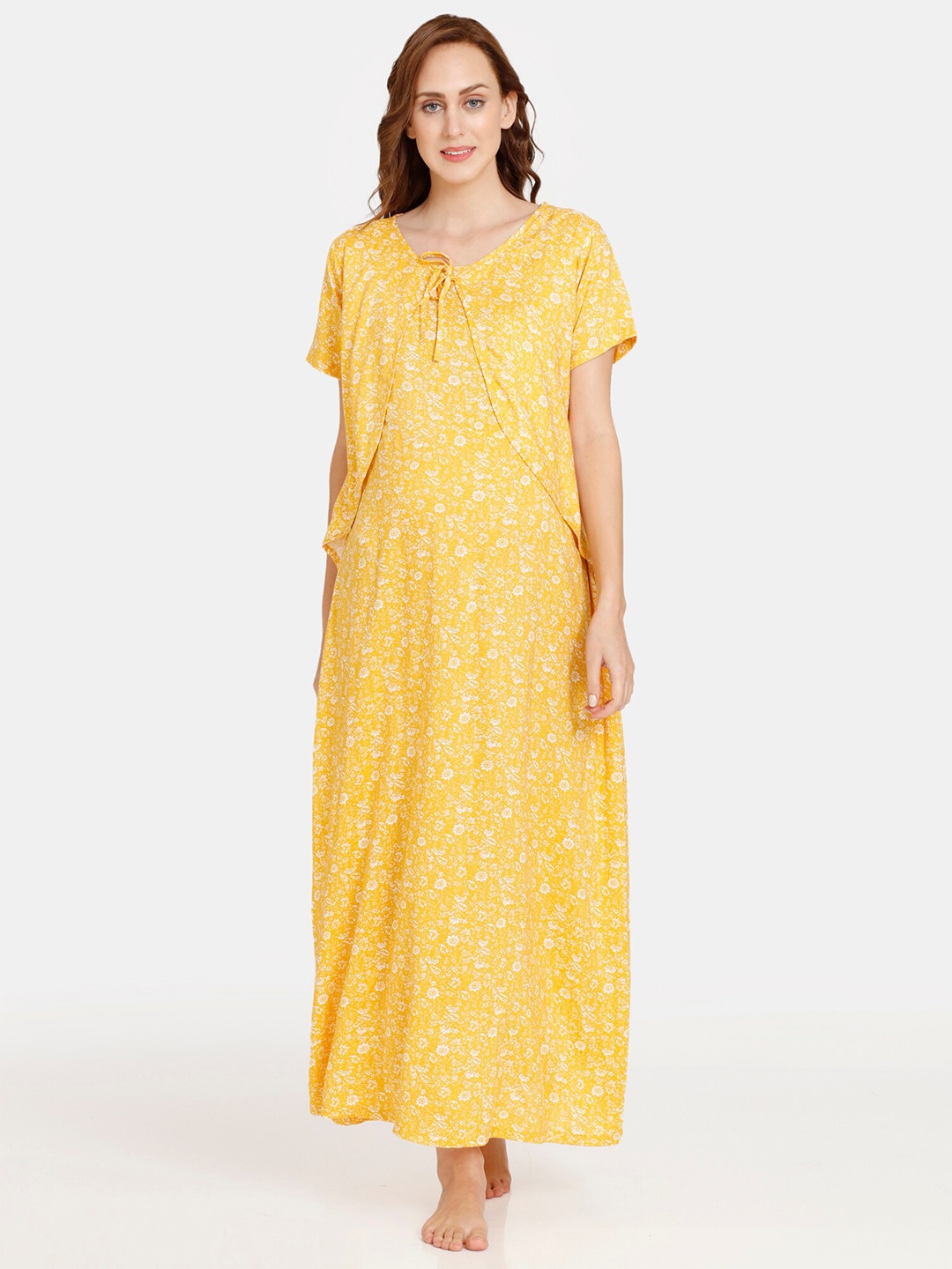 

Coucou by Zivame Women Yellow & White Printed Maternity Maxi Nightdress
