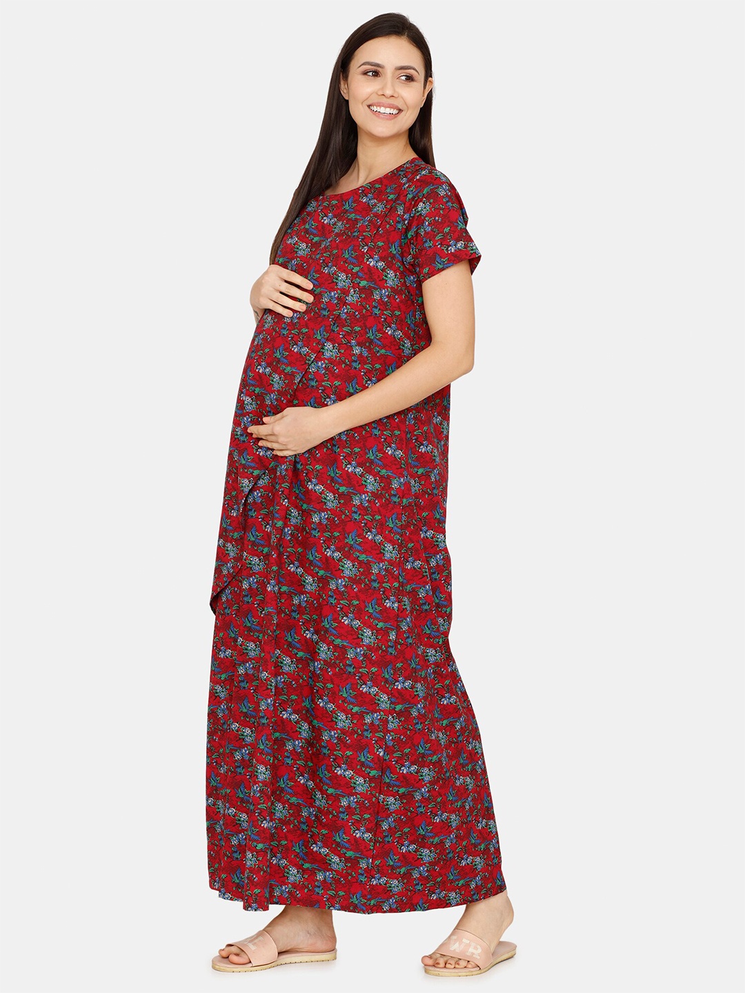 

Coucou by Zivame Women Maroon Floral Printed Pure Cotton Maternity Maxi Nightdress