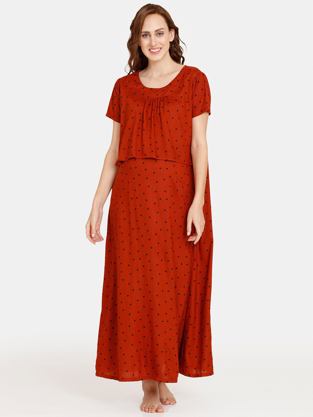 

Coucou by Zivame Women Red & Black Polka Dots Printed Maternity Maxi Nightdress