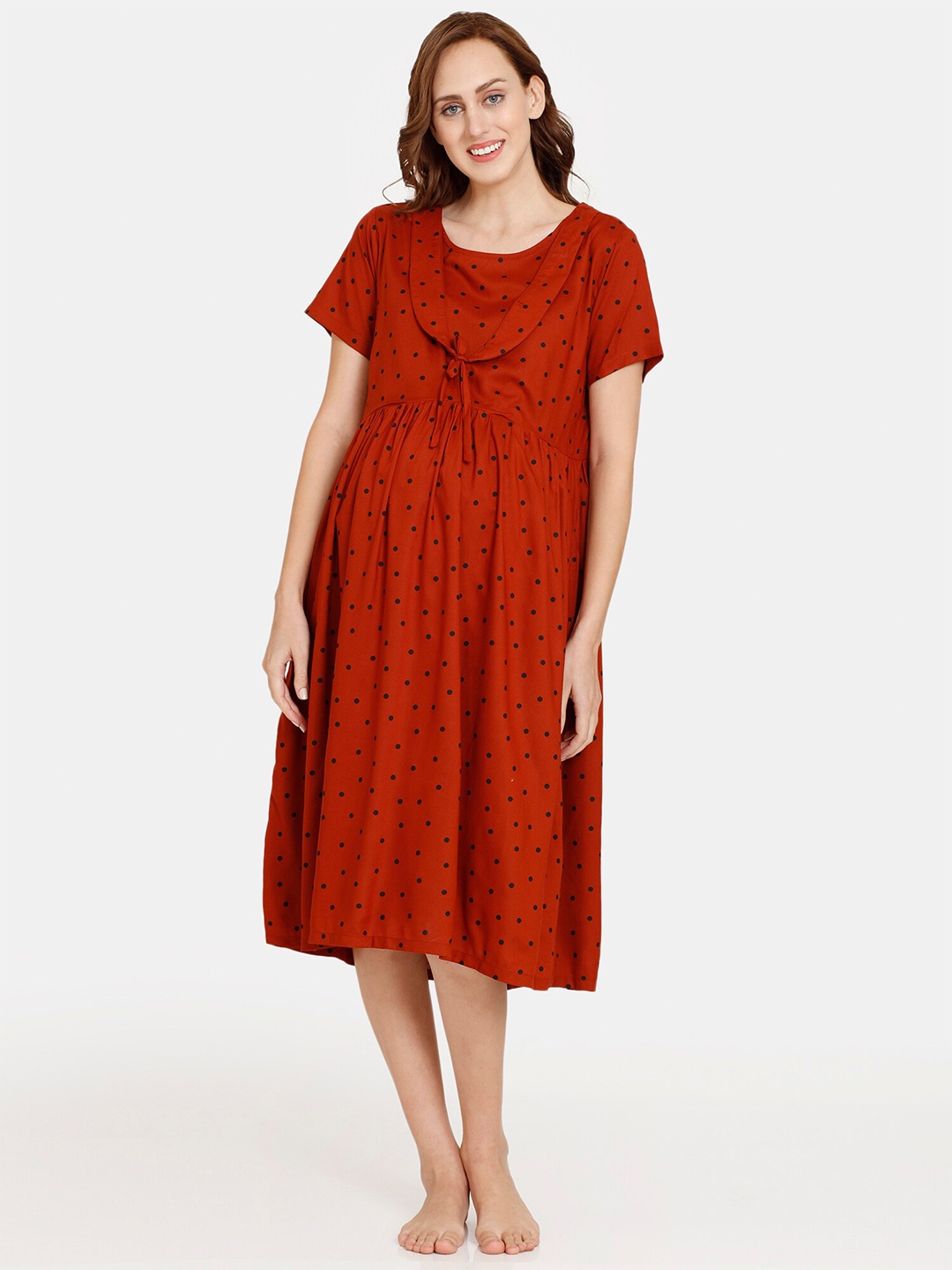 

Coucou by Zivame Women Red & Black Polka Dots Printed Maternity Nightdress