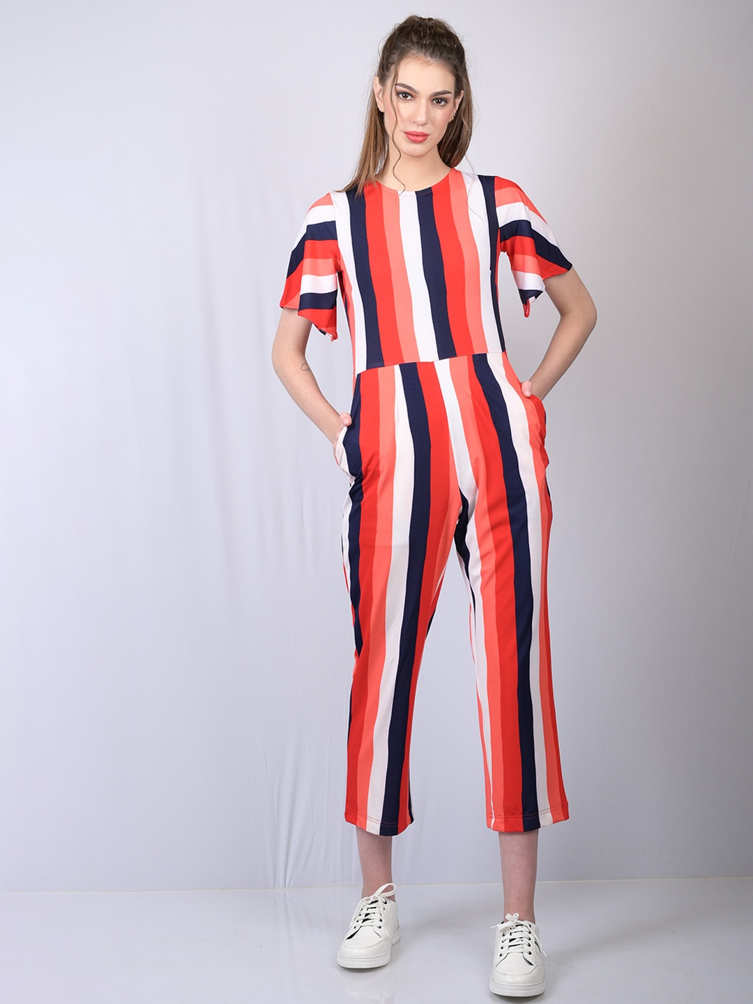 

OWO THE LABEL White & Red Striped Culotte Jumpsuit