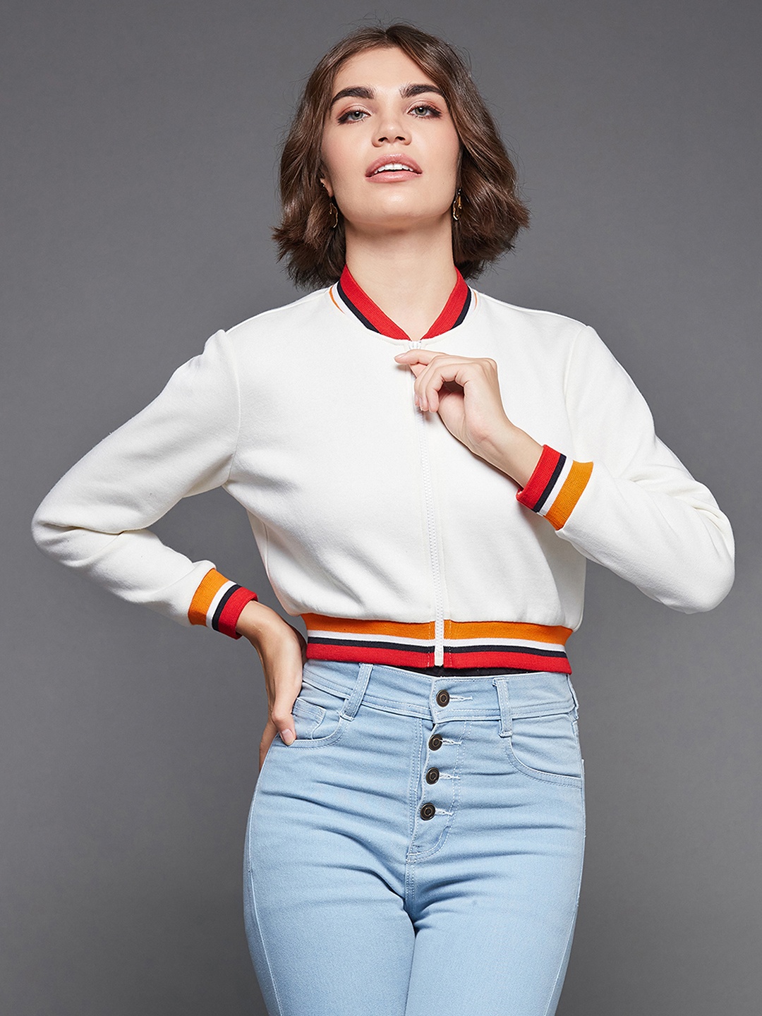 

Miss Chase Women White Red Striped Lightweight Crop Bomber Jacket