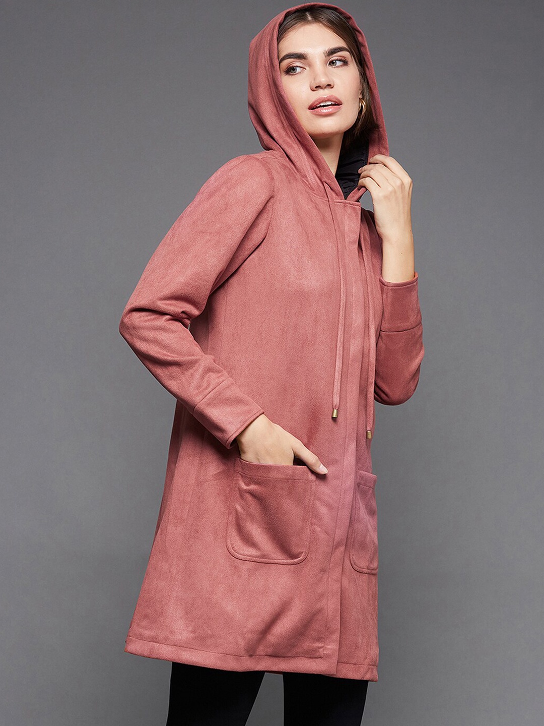 

Miss Chase Women Peach-Coloured Suede Longline Hooded Jacket