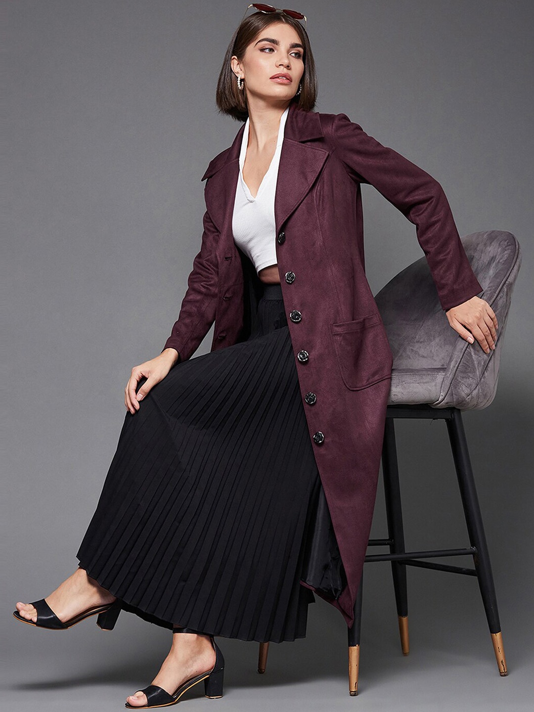 

Miss Chase Women Maroon Suede Longline Princess Coat