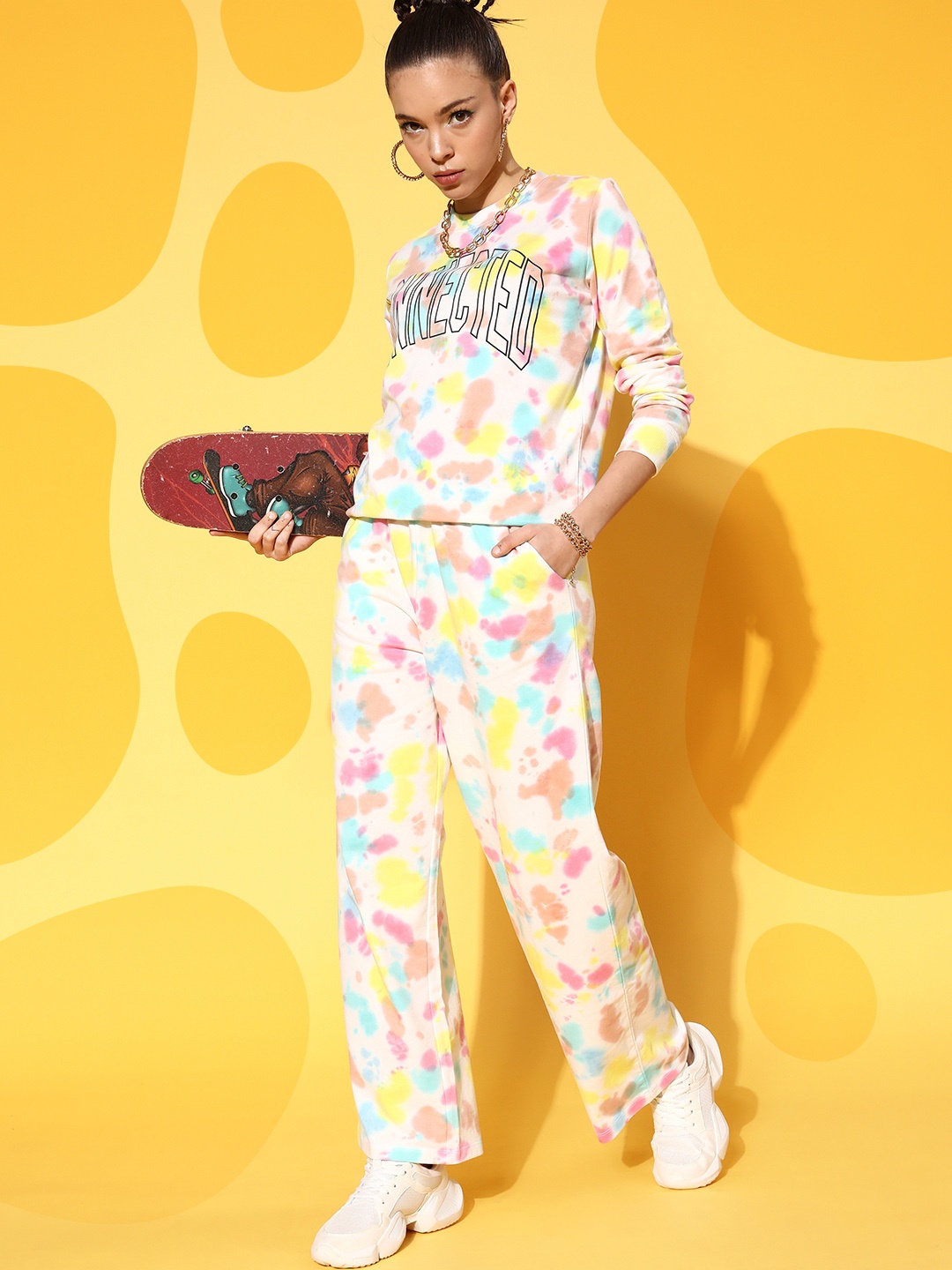 

SASSAFRAS Women White & Pink Tie & Dye Print Sweatshirt With Track Pants