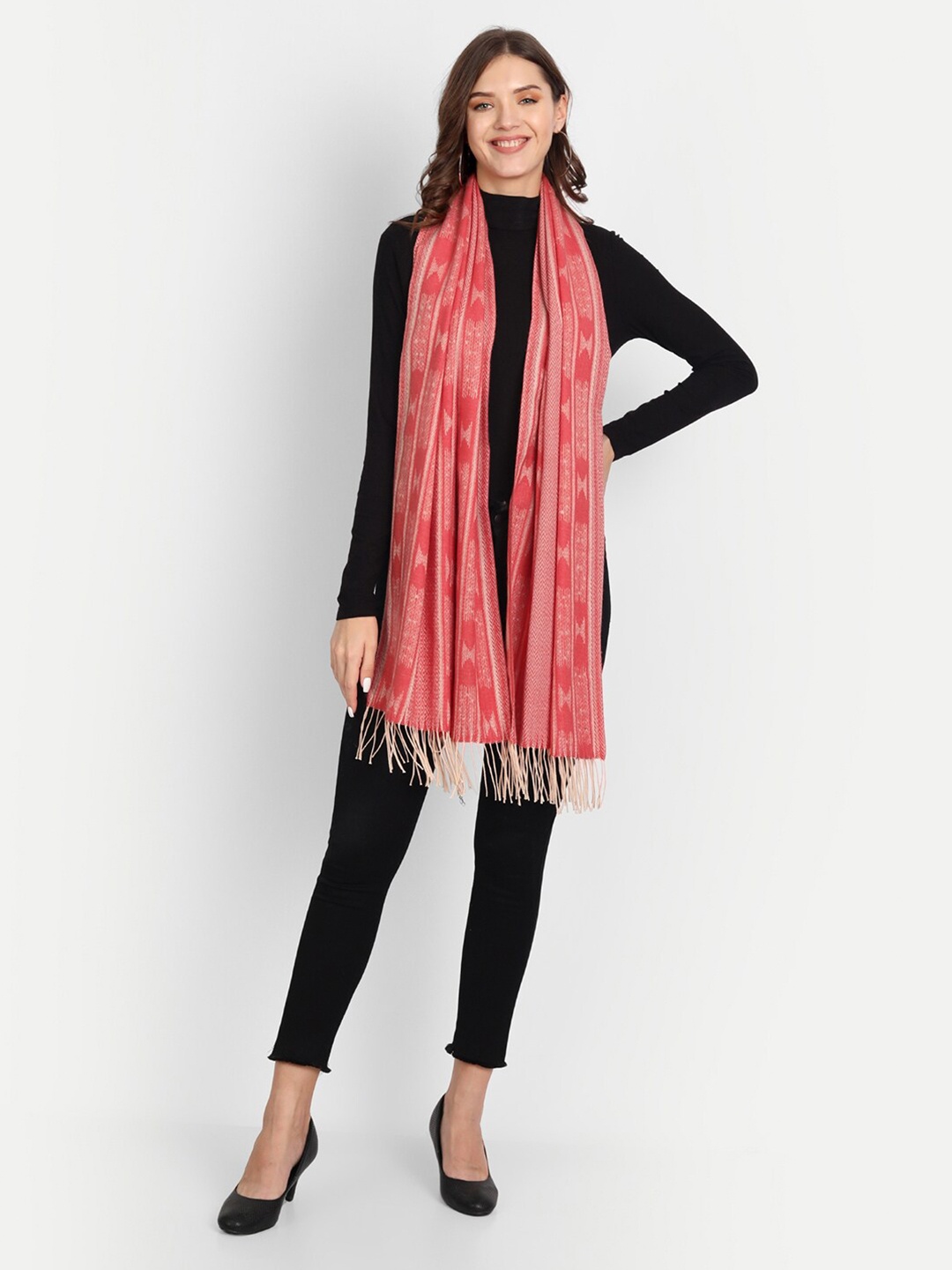 

HK colours of fashion Women Coral Woven Design Wool Stole