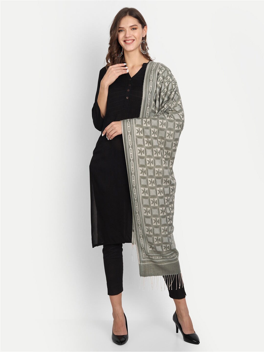 

HK colours of fashion Women Grey & Off White Woven Design Stole