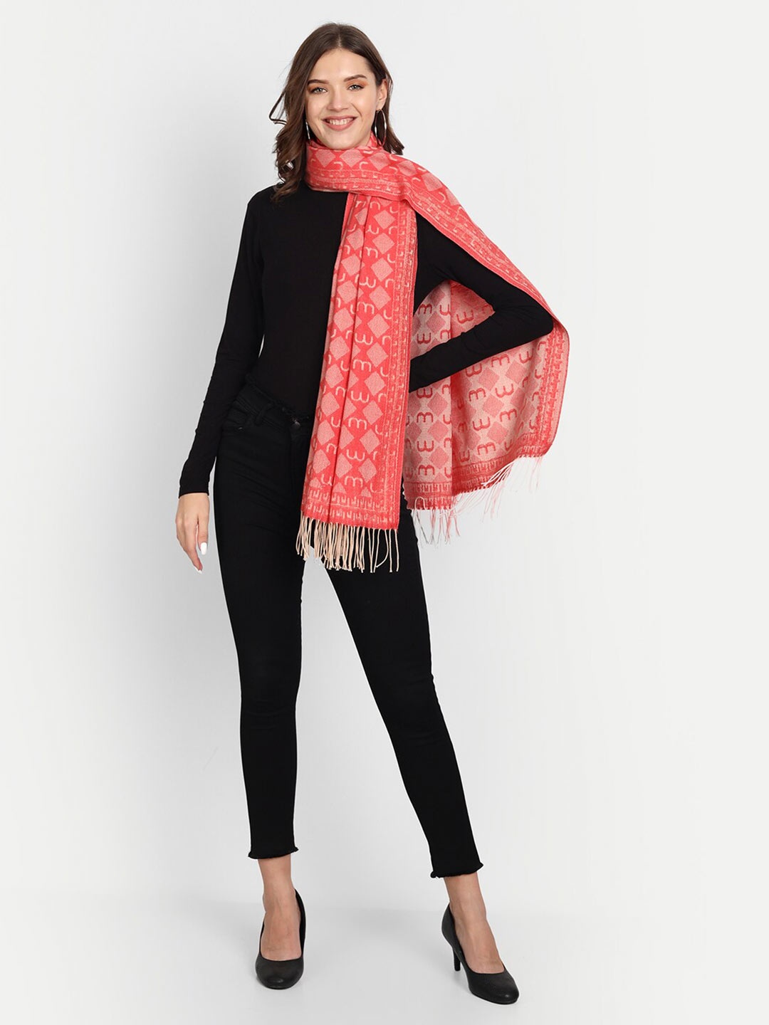 

HK colours of fashion Women Coral & White Woven Design Stole