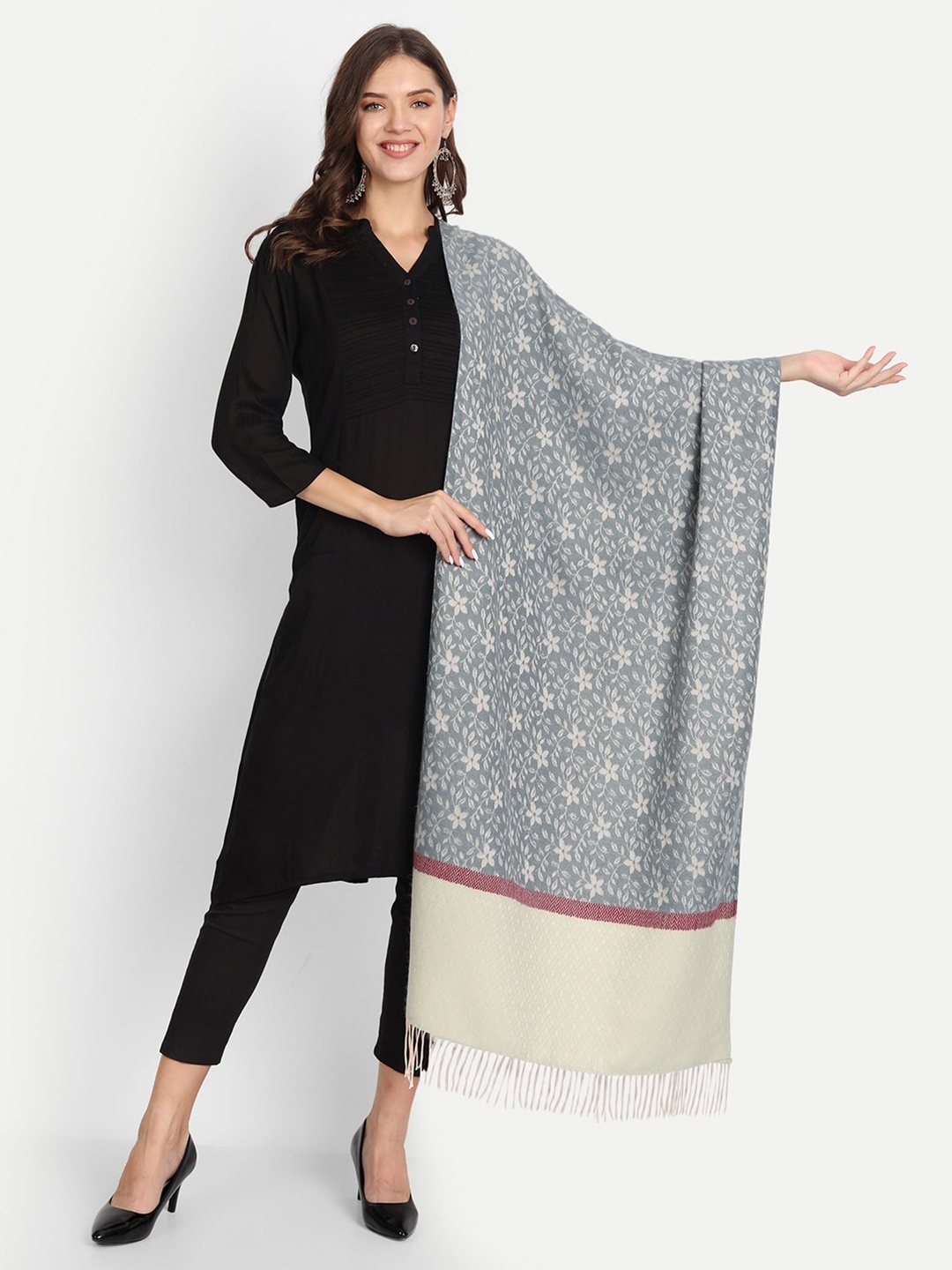 

HK colours of fashion Women Grey & Off White Woven Design Wool Stole