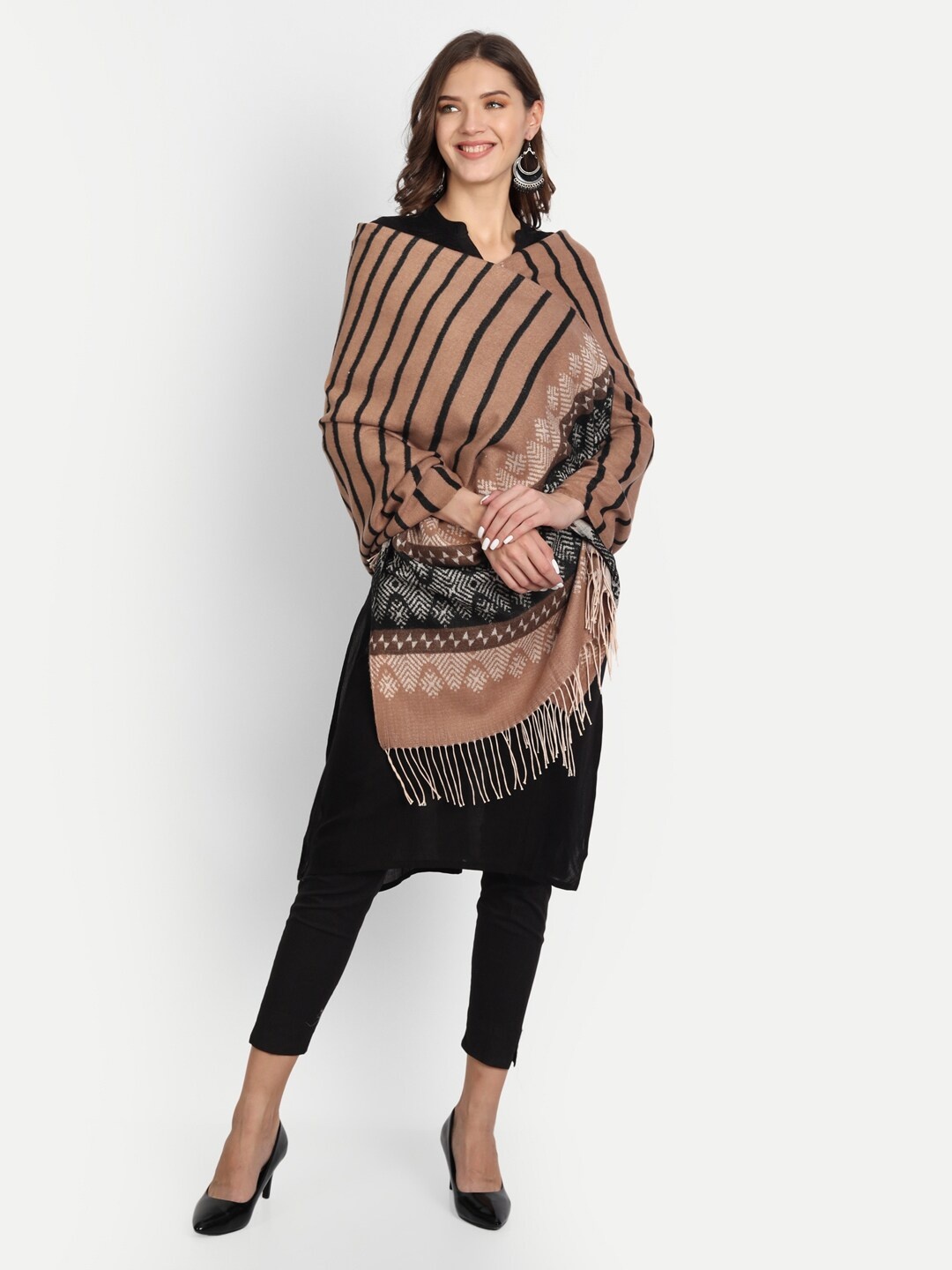 

HK colours of fashion Women Camel Brown & Black Striped Stole