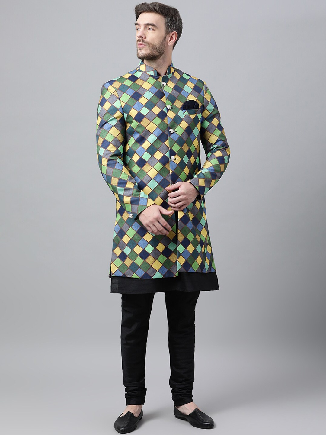 

hangup trend Men Green & Yellow Printed Long Sleeves Sherwani
