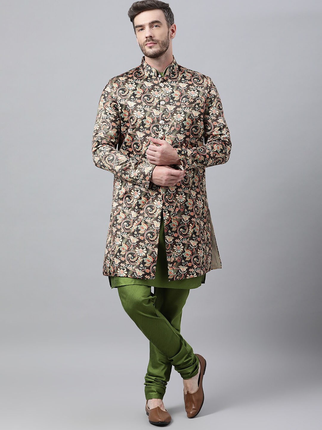

hangup trend Men Green & Beige Printed Long Sleeves Sherwani Set