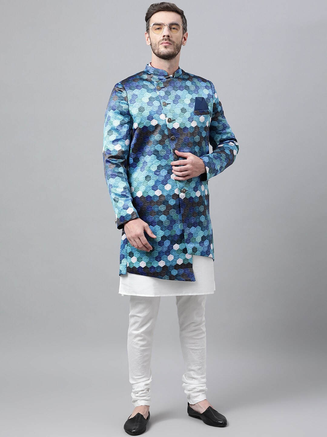 

hangup trend Men Blue & Black Printed Long Sleeves Sherwani