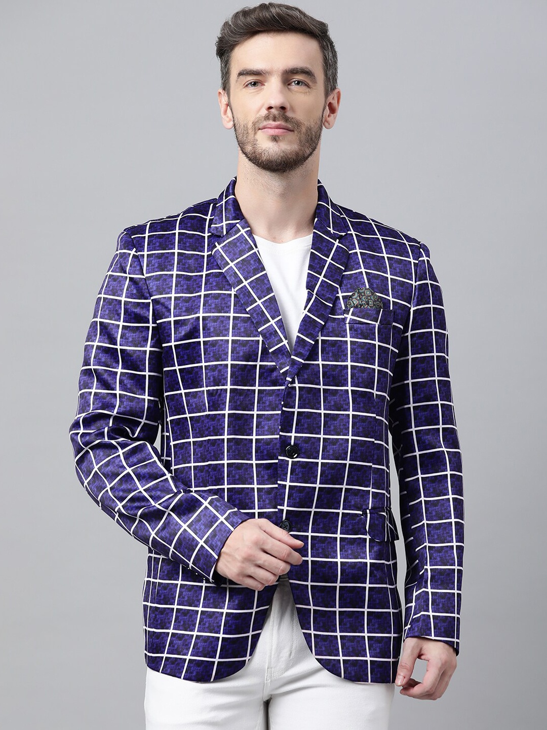 

hangup trend Men Blue & White Printed Single Breasted Blazer