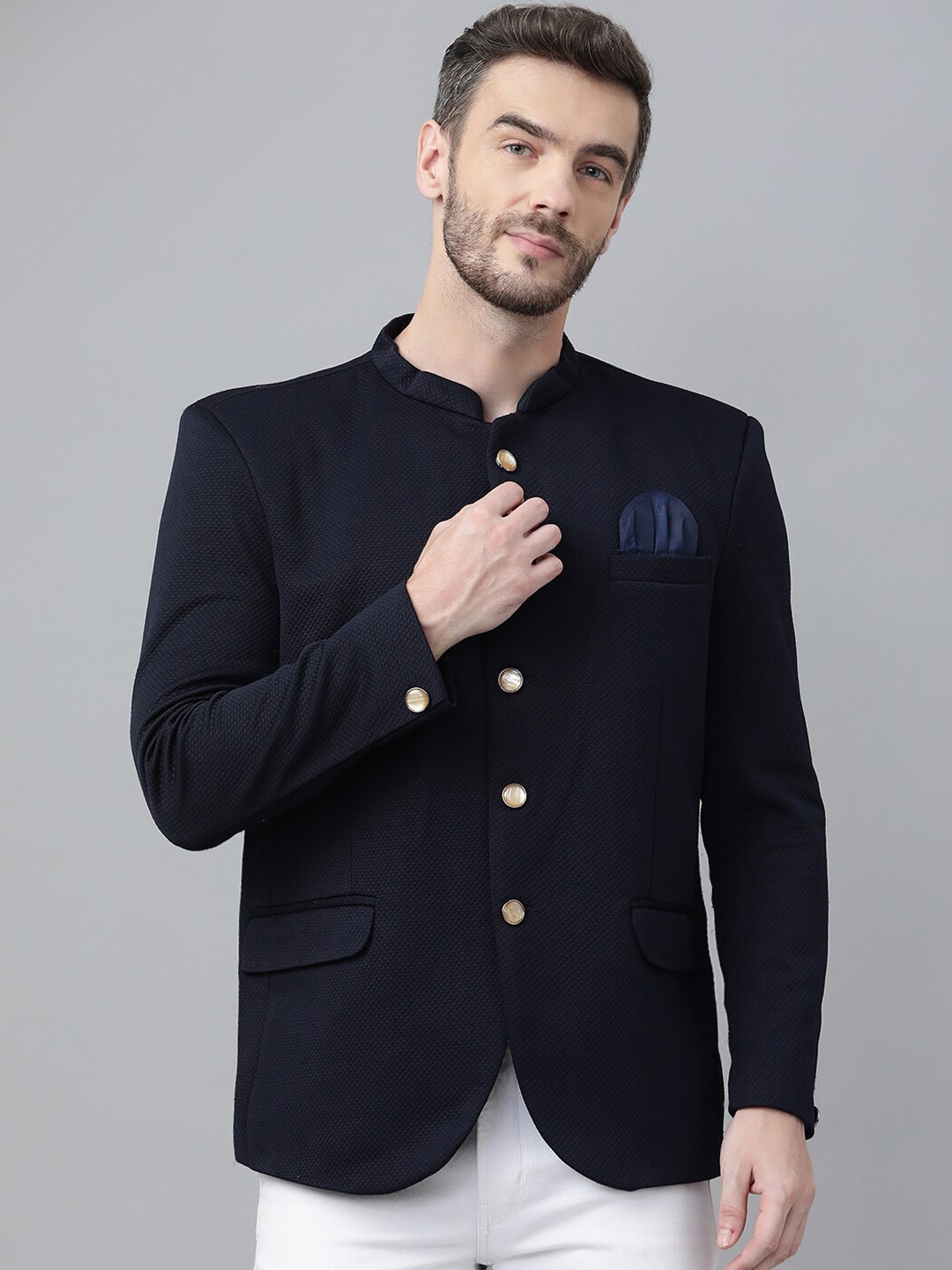 

hangup trend Men Navy Blue Checked Bandhgala Blazer