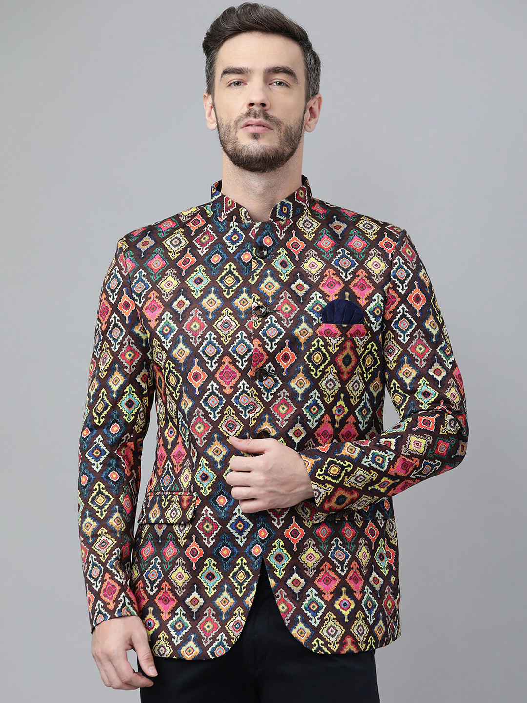 

hangup trend Men Brown Printed Single-Breasted Bandhgala Blazer
