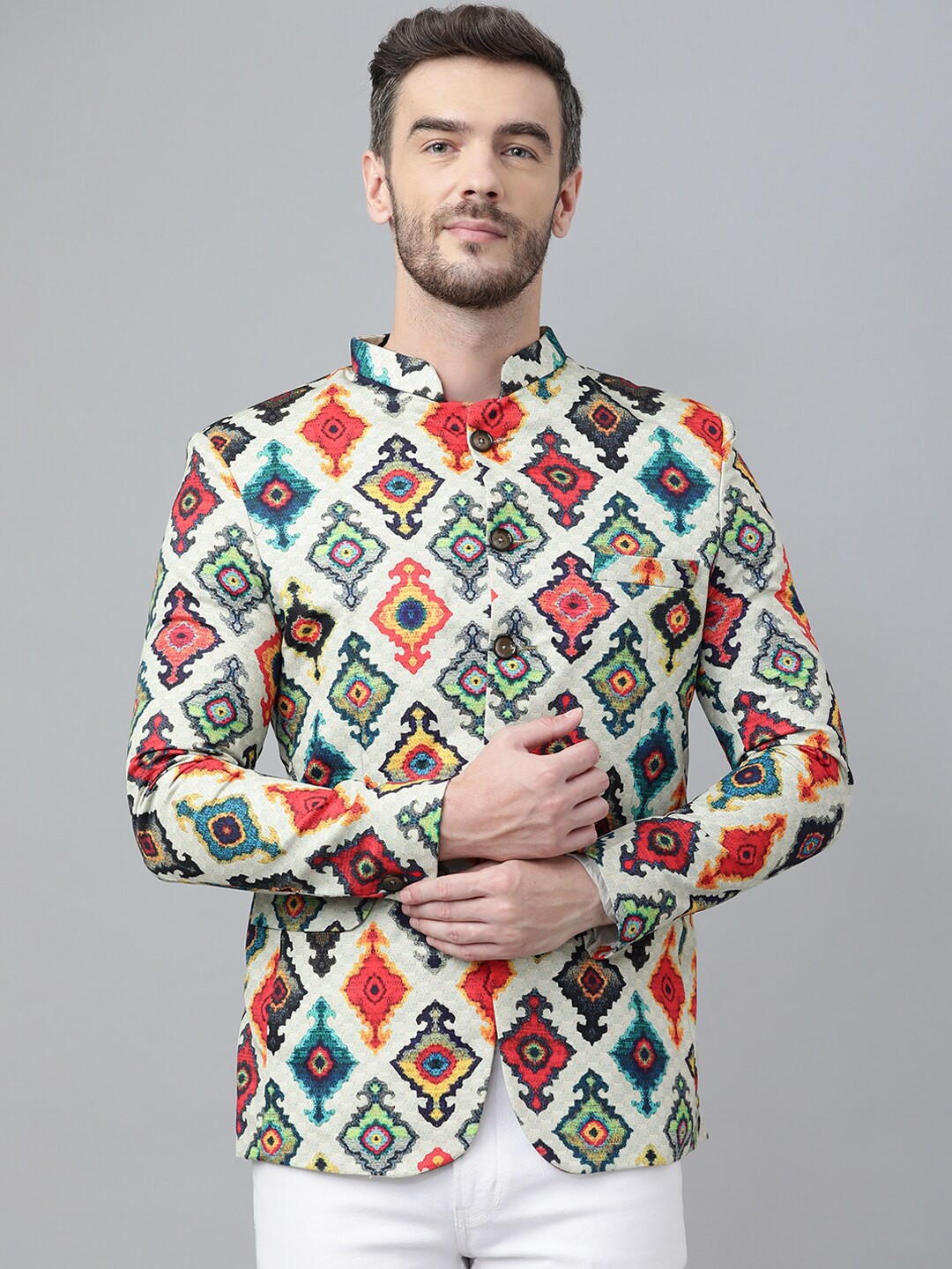 

hangup trend Men Cream Printed Single-Breasted Blazer