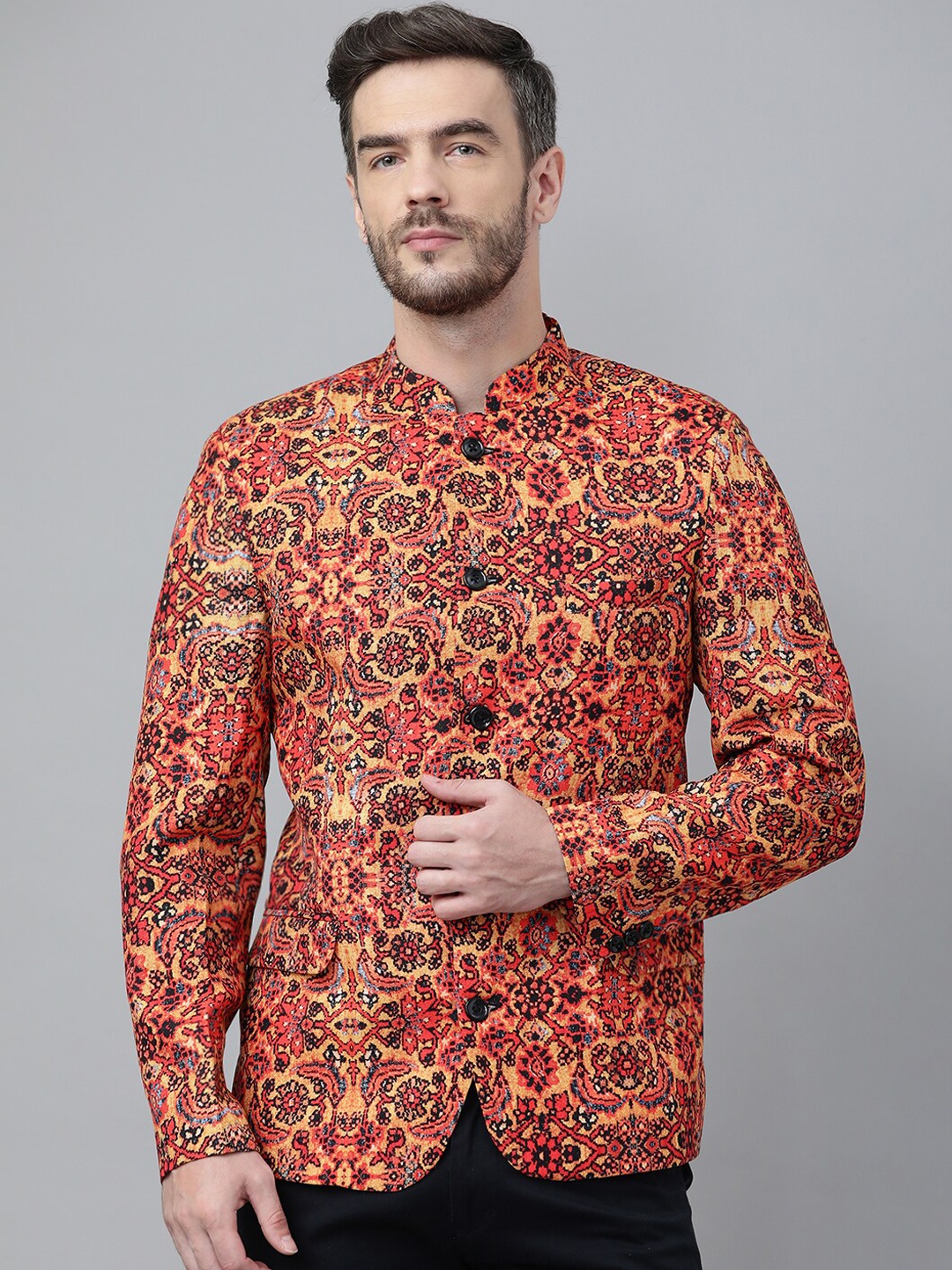 

hangup trend Men Orange Printed Single-Breasted Bandhgala Blazer