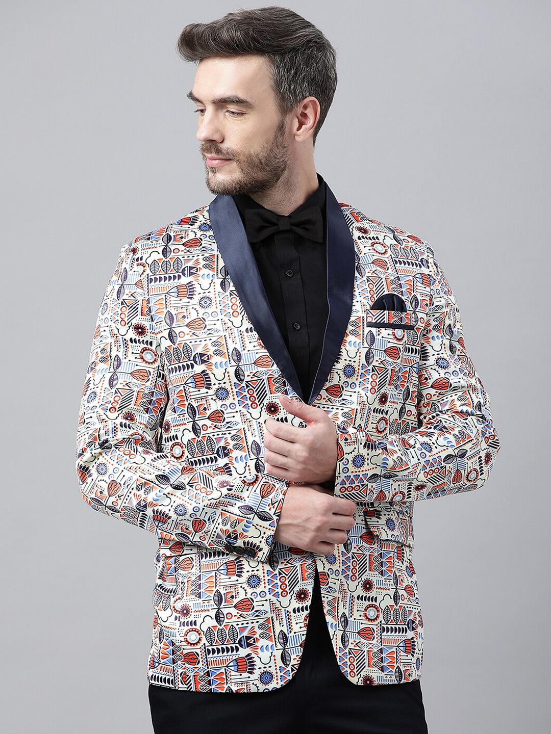 

hangup trend Men White & Blue Printed Single Breasted Blazer